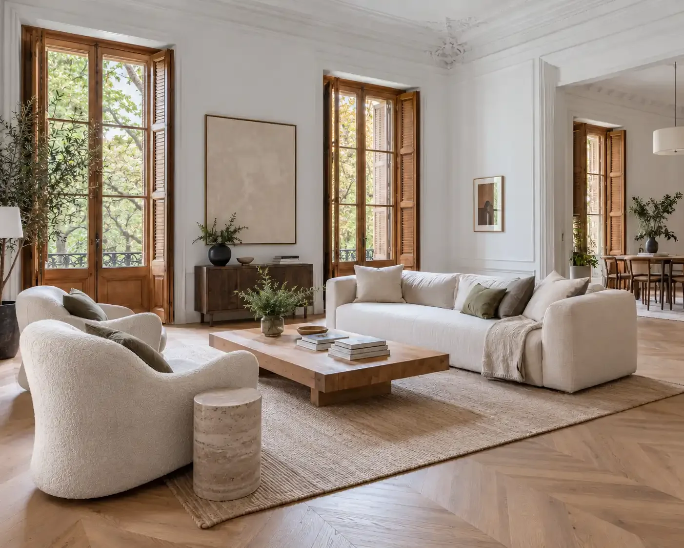 üksek pencereli ve doğal ahşap zeminli geniş Barcelona salonu