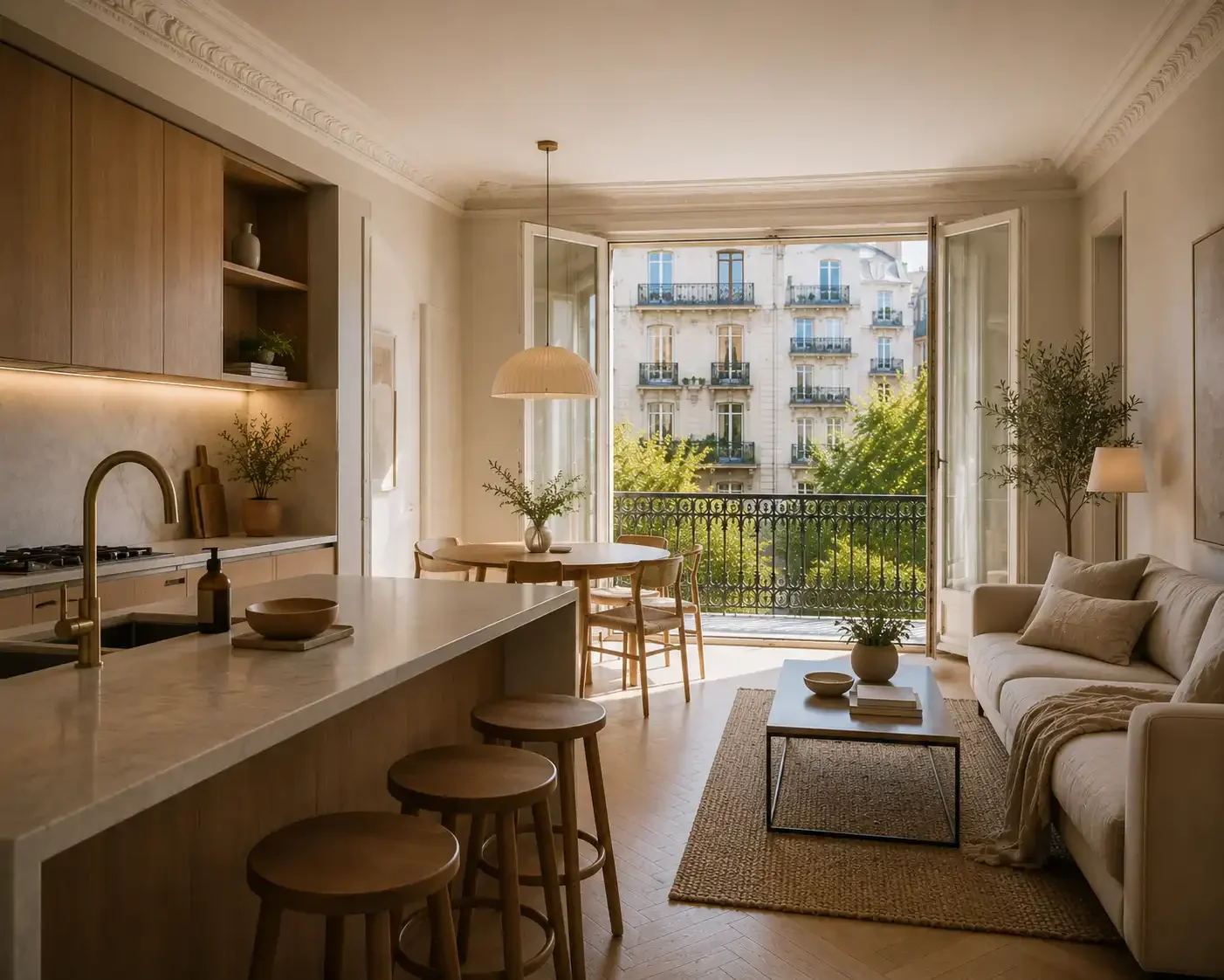 Apartamento recién reformado en Barcelona con cocina abierta, salón luminoso y balcón con vistas a edificios emblemáticos de la ciudad.