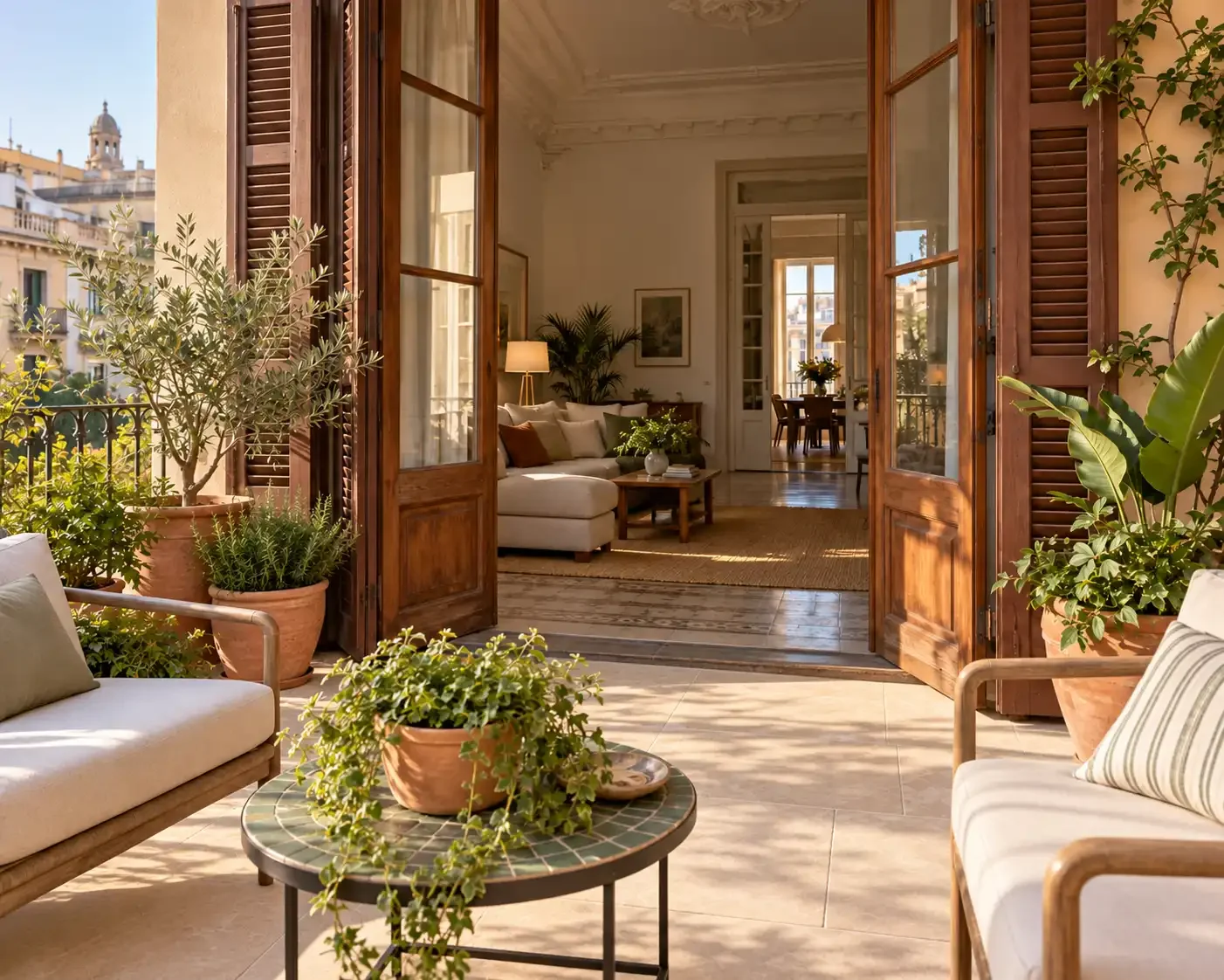 Barcelona apartment terrace looking through open doors into the living room.