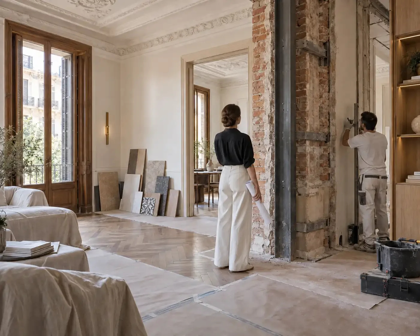 Arquitecto revisando los detalles espaciales de un piso reformado en Barcelona con elementos arquitectónicos originales.
