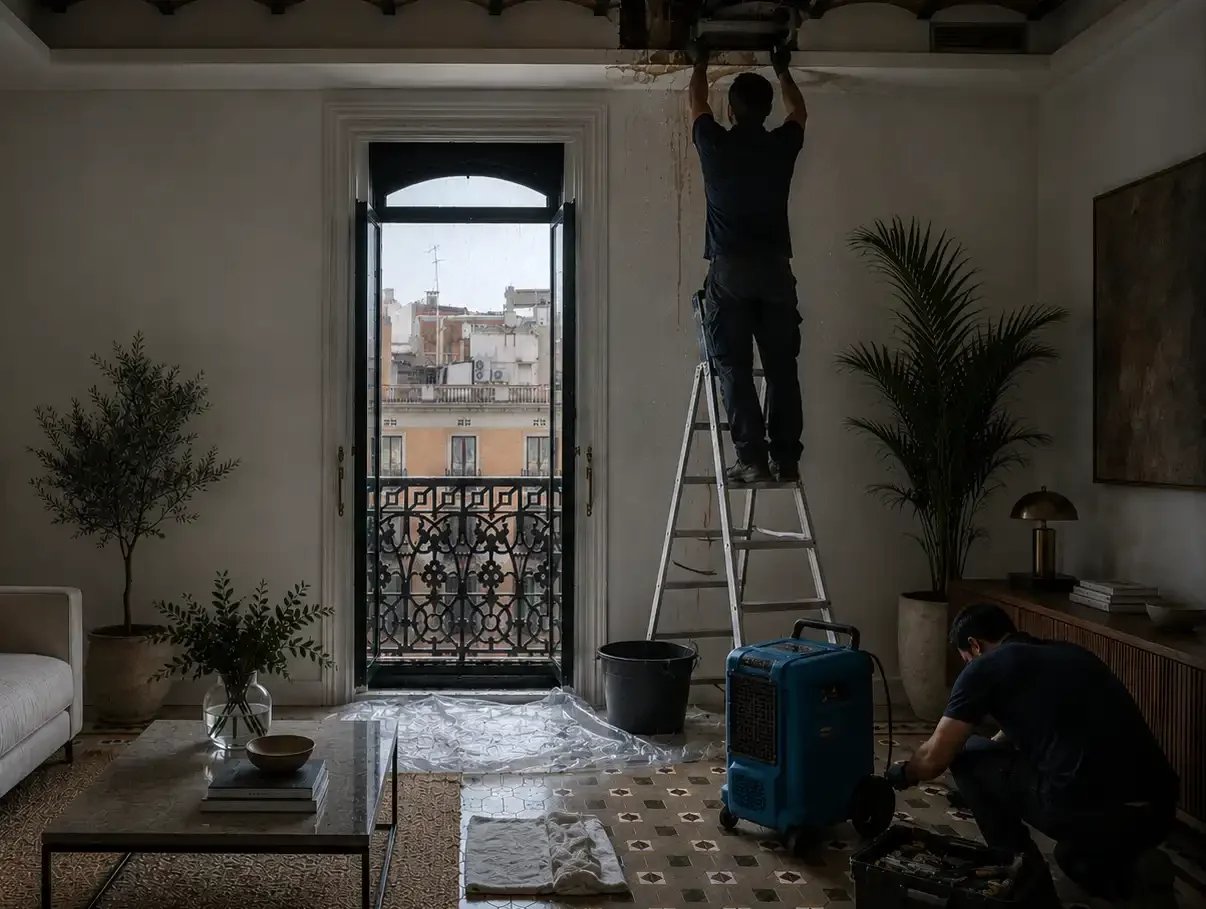 Equipo técnico interviniendo tras una fuga de agua en un apartamento de Barcelona.