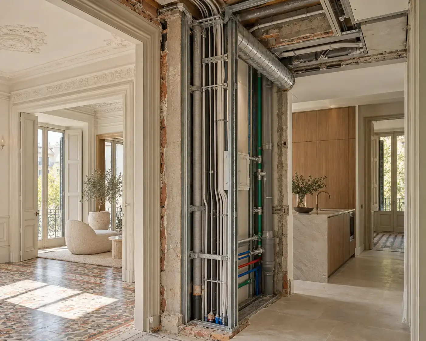 Instalaciones expuestas durante la reforma coordinada de un apartamento de lujo en Barcelona.