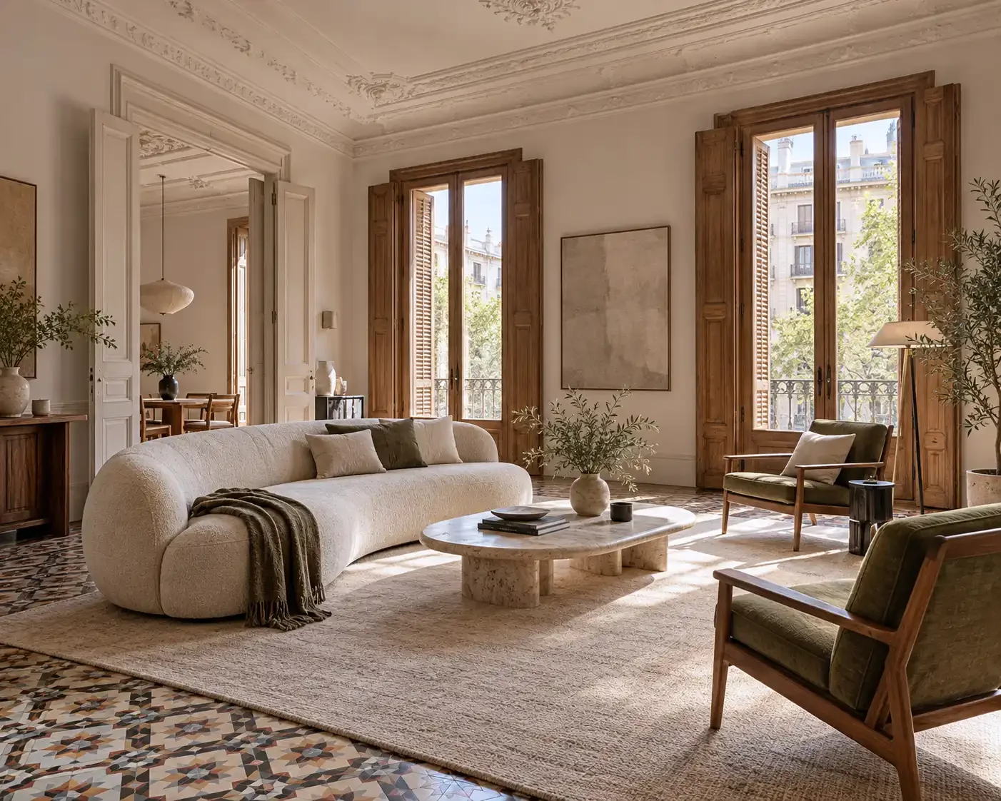 Spacious Barcelona apartment living room with high ceilings and original hydraulic tile flooring.