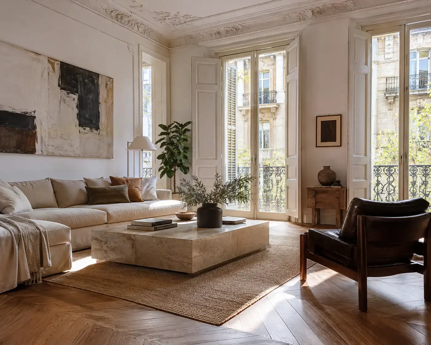 Salón elegante en Barcelona con techos ornamentados, sofá crema, mesa de mármol y ventanas altas.