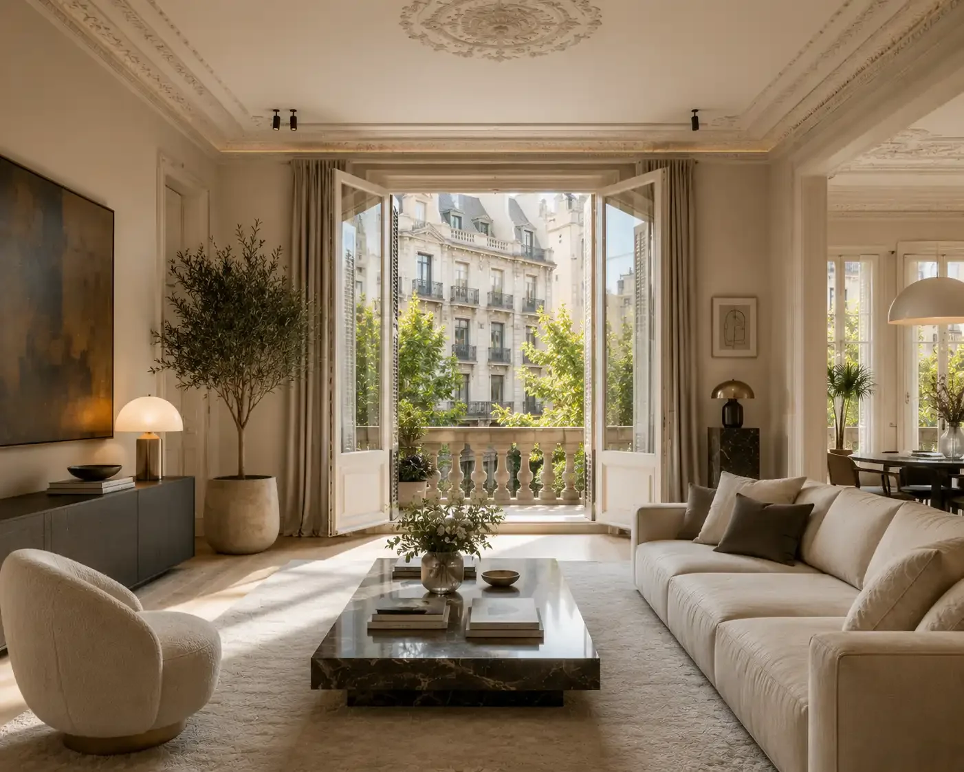Luxury renovated Barcelona apartment with an elegant living room and balcony