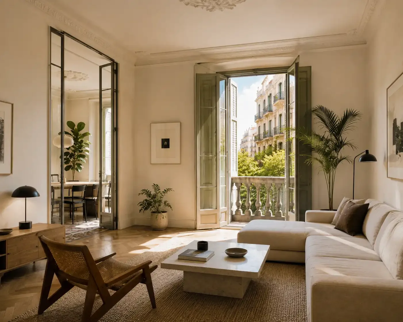 Renovated Barcelona apartment interior with original architectural details and natural light