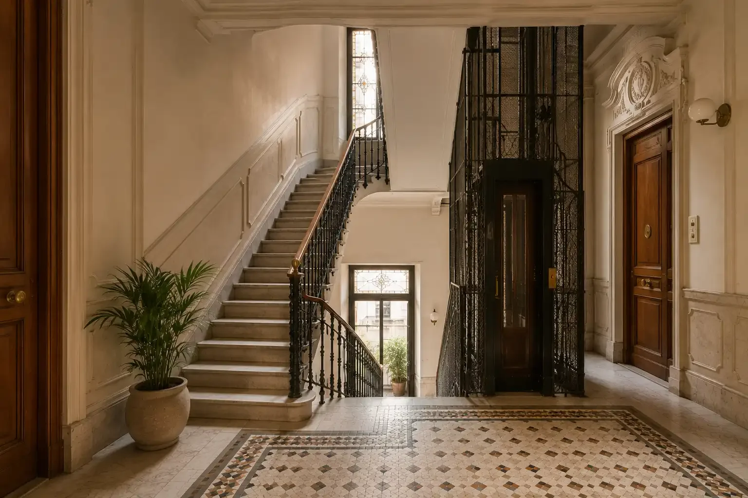 Escalera de mármol y ascensor histórico en un edificio del Eixample de Barcelona.