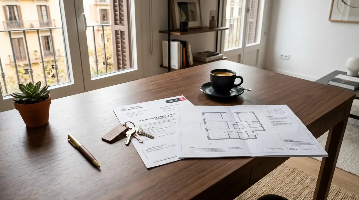 Property management documents, apartment keys and floor plan for a home in Barcelona.