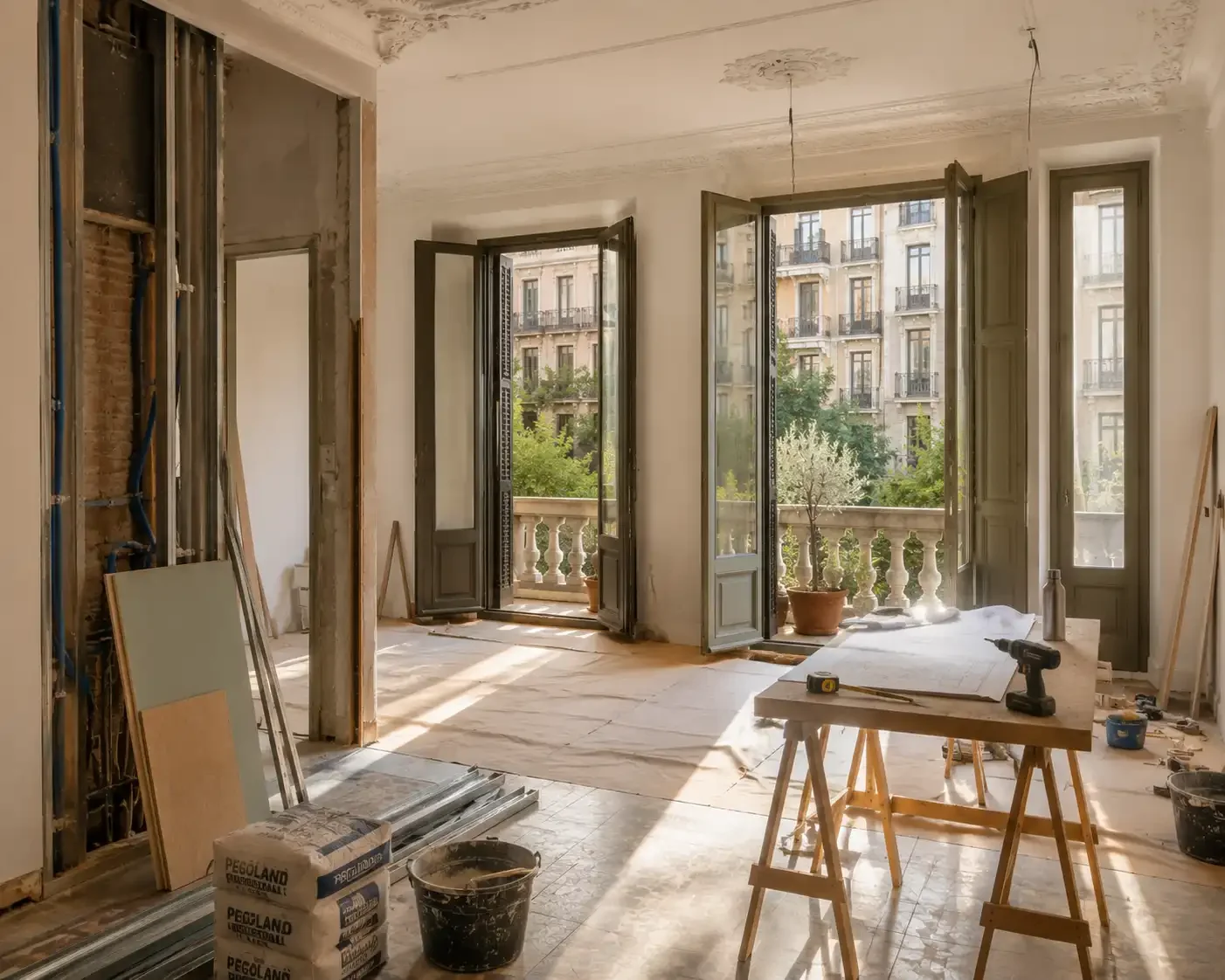 Barcelona’da tadilat sürecindeki bir daire, açık duvarlar ve inşaat malzemeleri