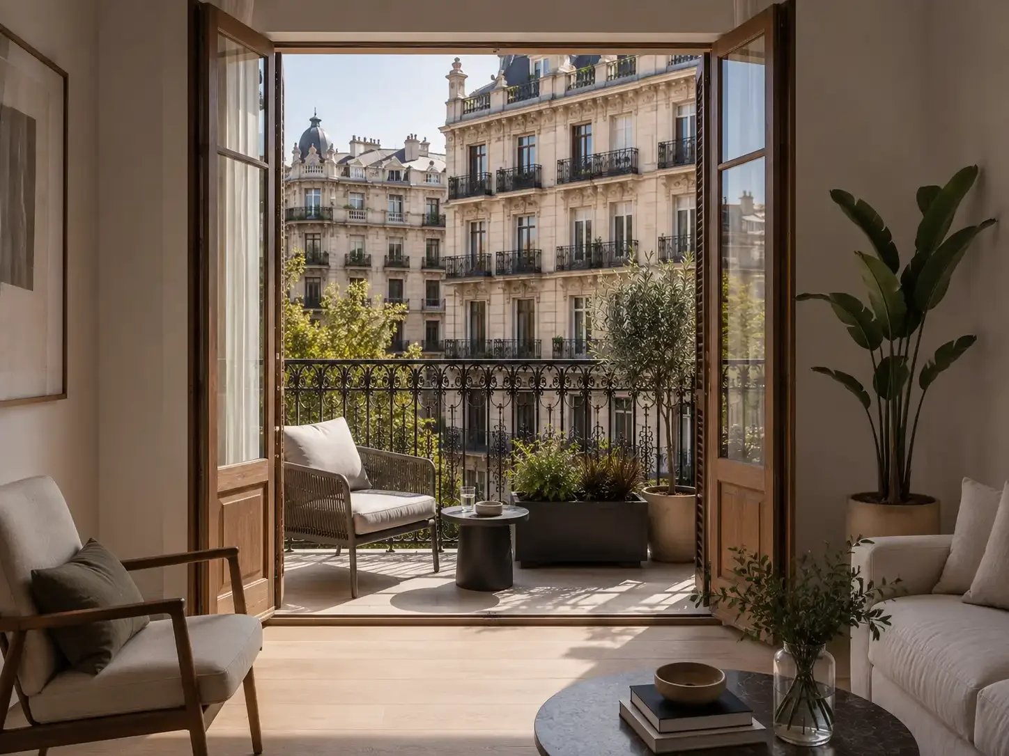 Elegant balcony overlooking Barcelona's historic Eixample district with natural light and outdoor living space.