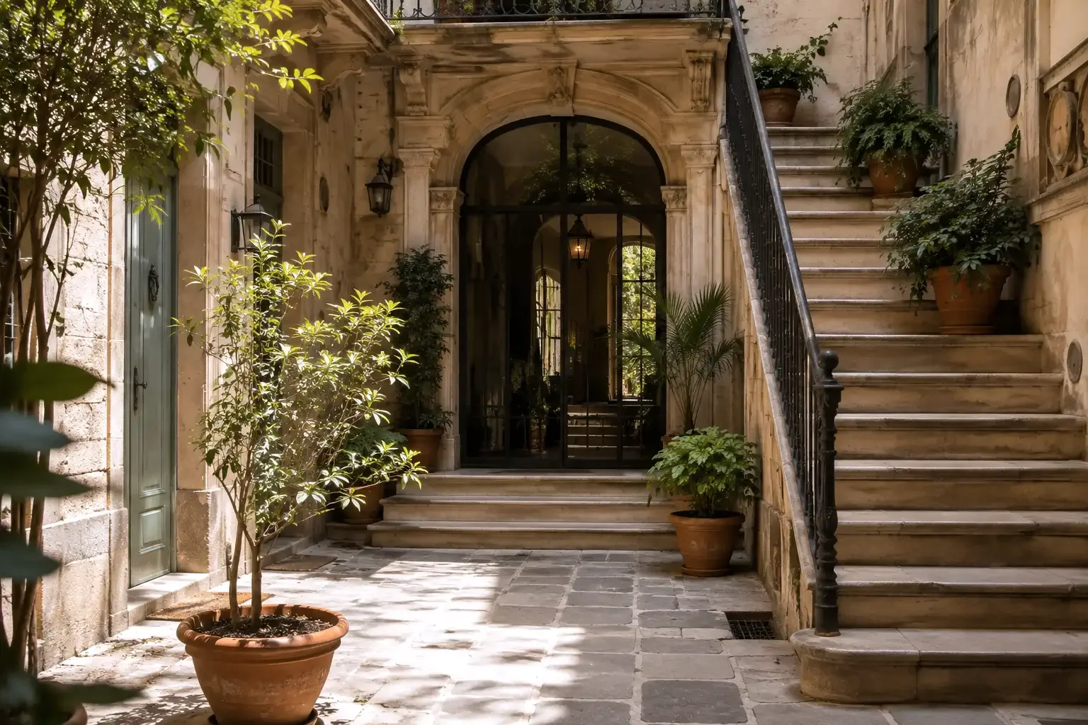 Patio y entrada común de un edificio histórico de Barcelona perteneciente a una comunidad de propietarios.