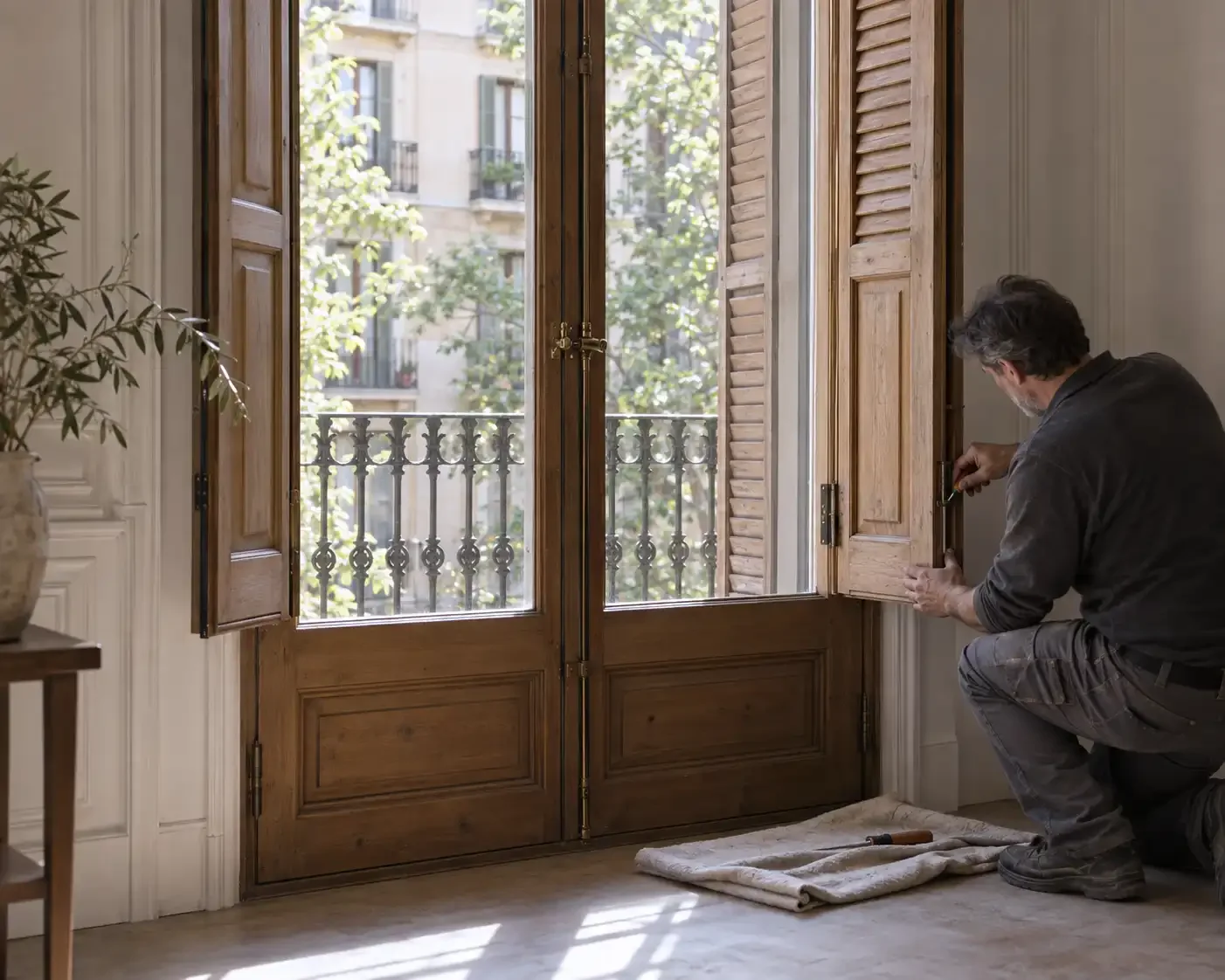Tarihi bir Barcelona dairesinde özgün ahşap panjurların bakımını yapan yerel uzman.
