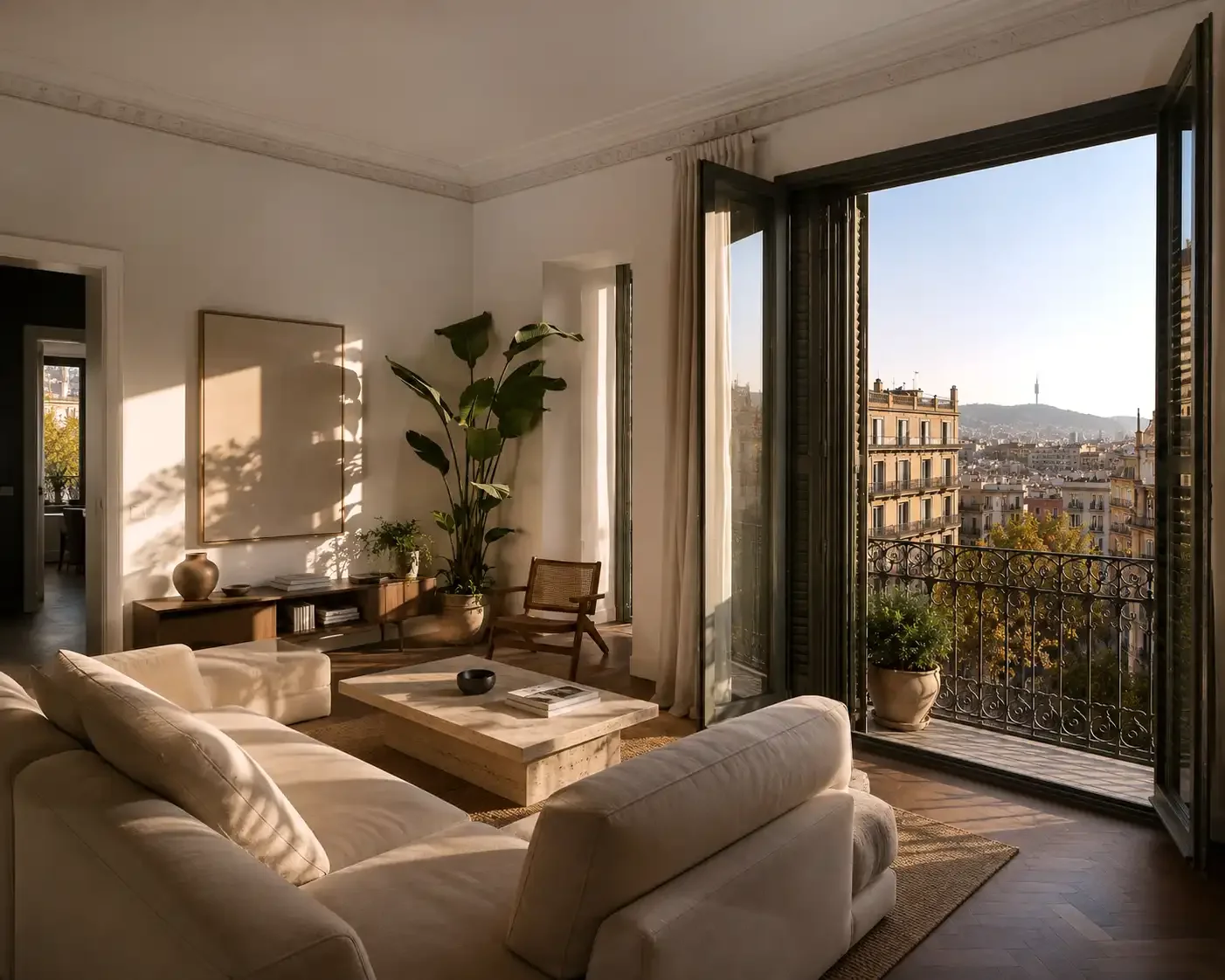 Bright Barcelona apartment with a spacious living room, balcony and city views