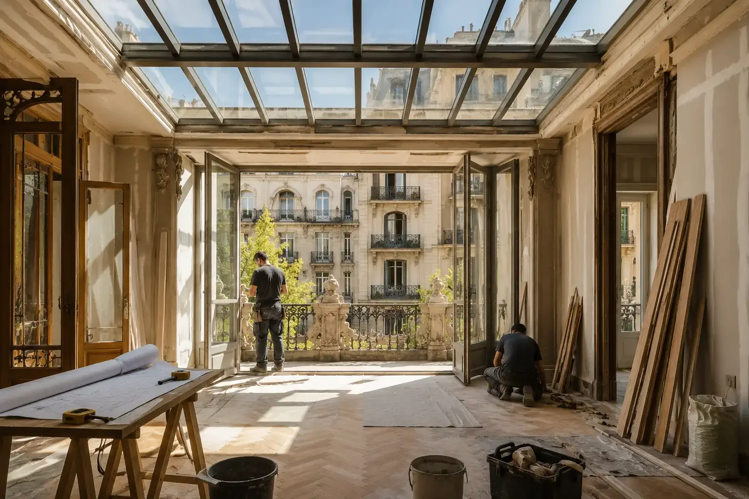 Barcelona’da eski daire renovasyonu sürecinde tarihi mimari detaylar, cam tavan ve doğal ışıklı iç mekân tasarımı.