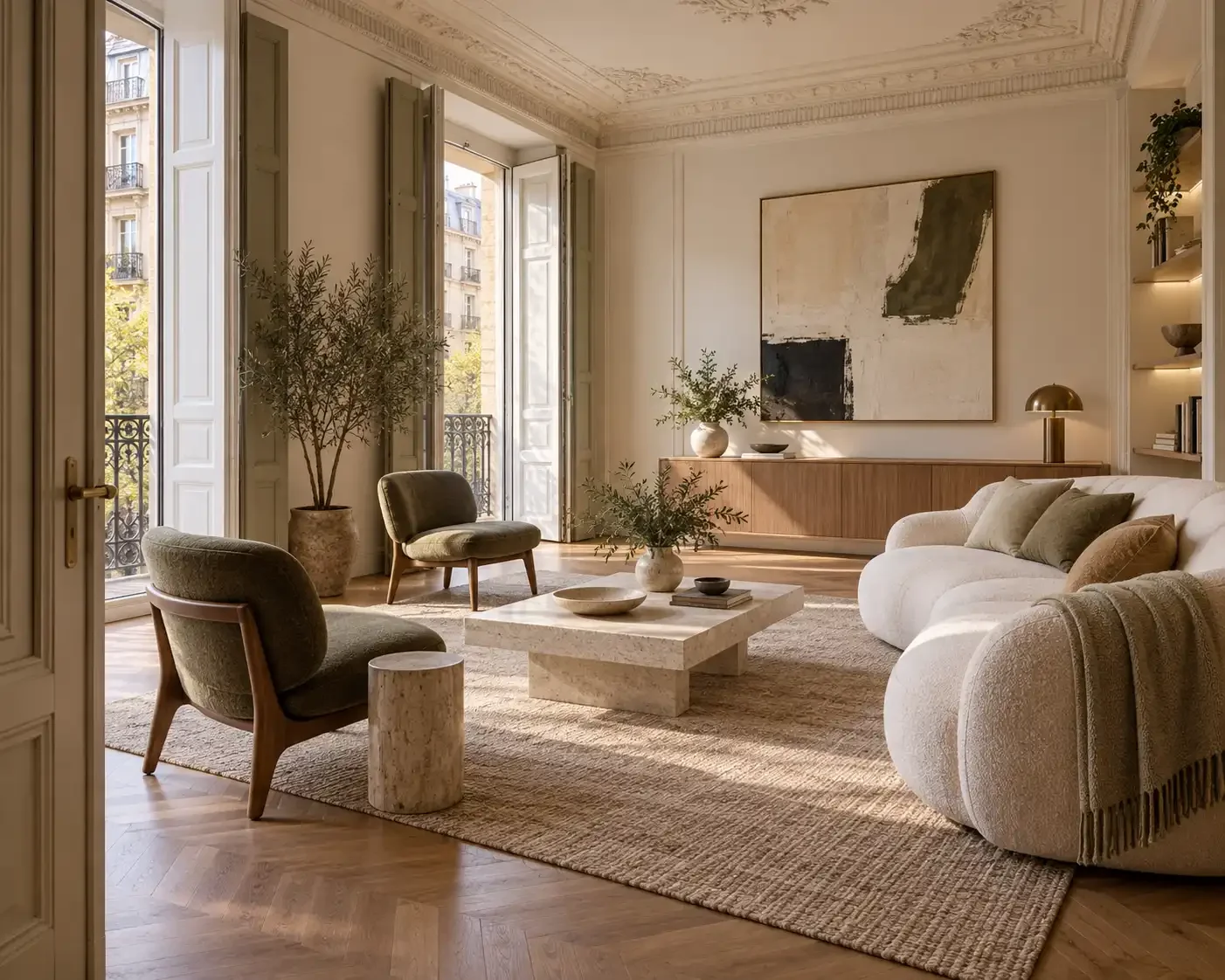 Salón de lujo terminado tras una reforma de apartamento cuidadosamente coordinada en Barcelona.