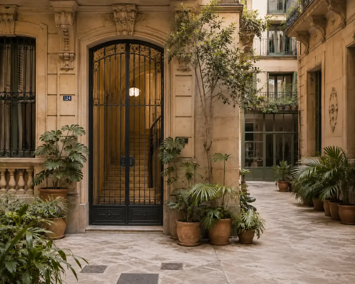 Barcelona Eixample'da tarihi konut binası girişi ve iç avlu