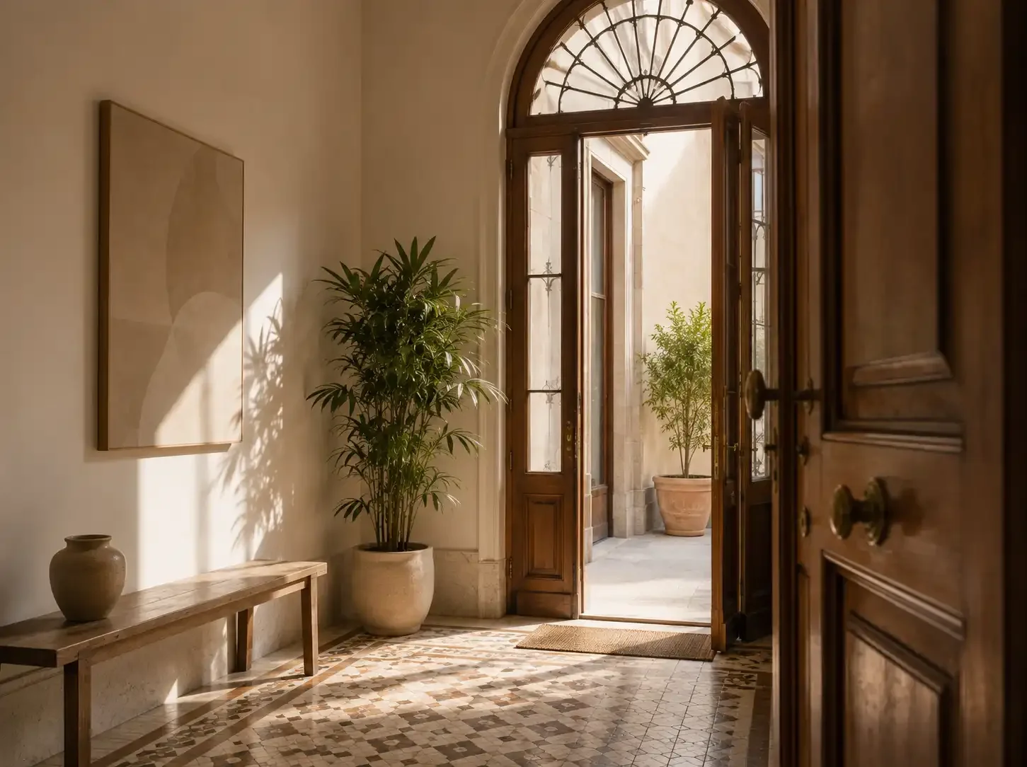 Entrada luminosa de un apartamento clásico en Barcelona.