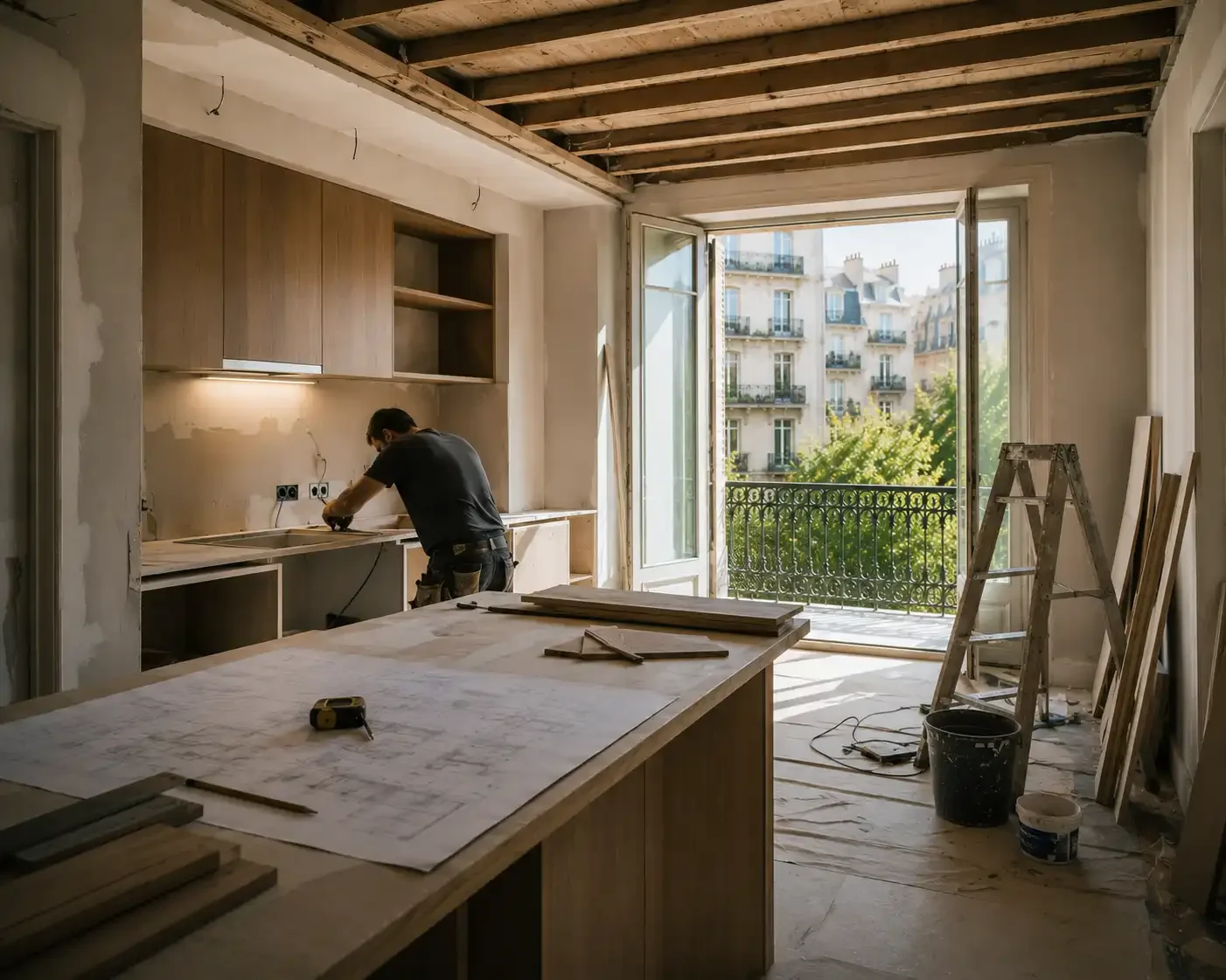 Reforma de cocina en un apartamento de Barcelona, con un carpintero instalando mobiliario y planos arquitectónicos sobre la mesa de trabajo.