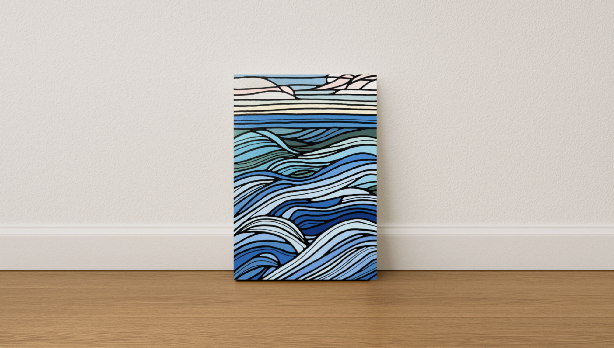 ocean waves original acrylic painting in a stained glass art style