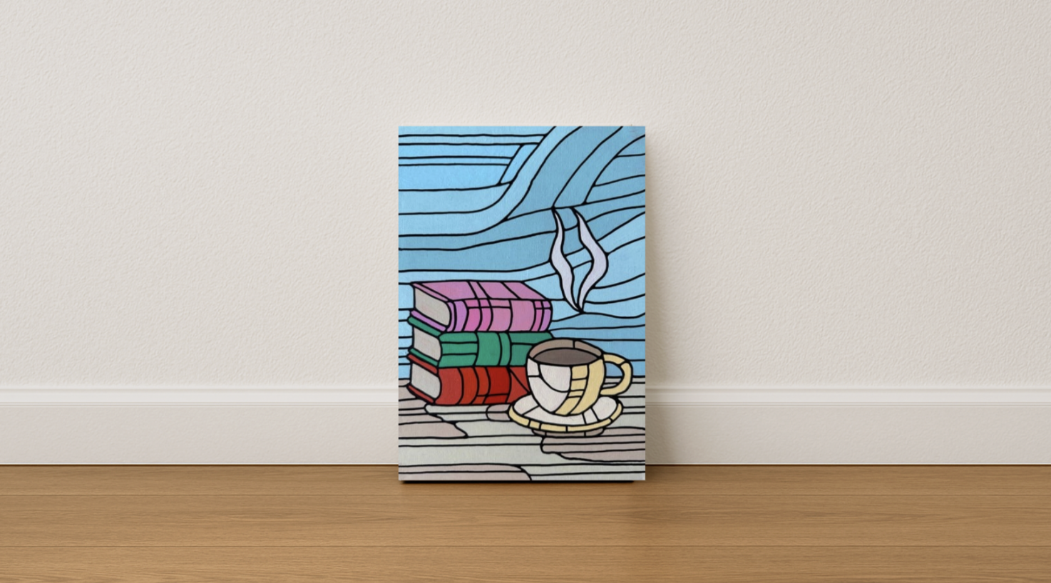 coffee and books original acrylic painting on canvas board