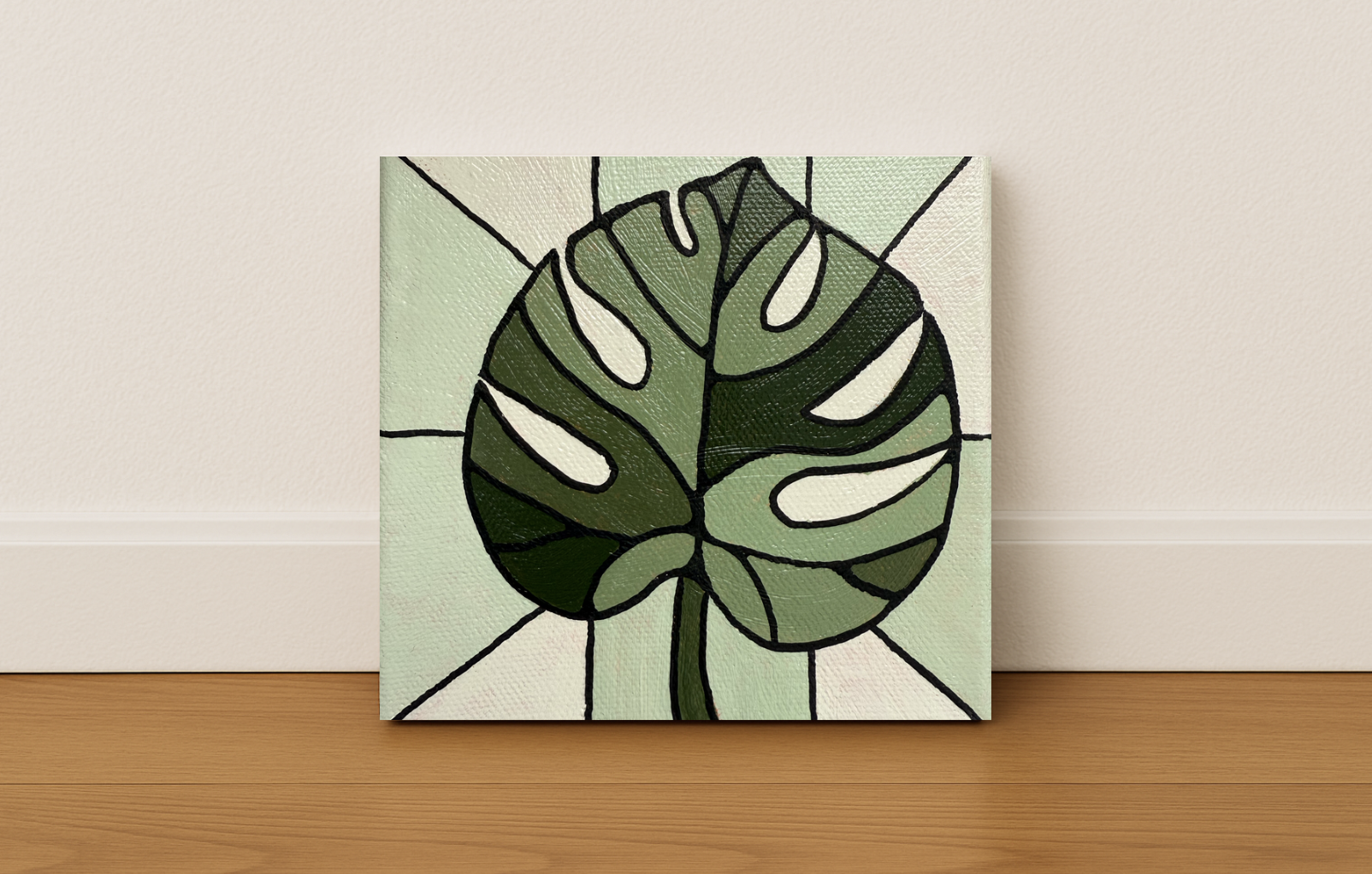 Monstera leaf original acrylic painting in stained glass art style