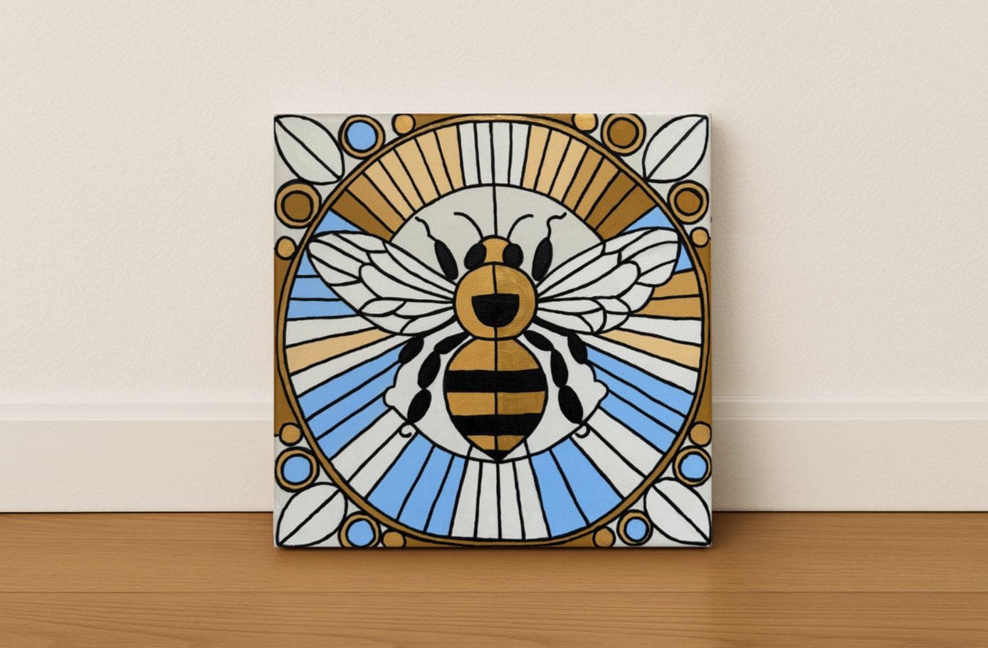 bee original acrylic painting in a stained glass style