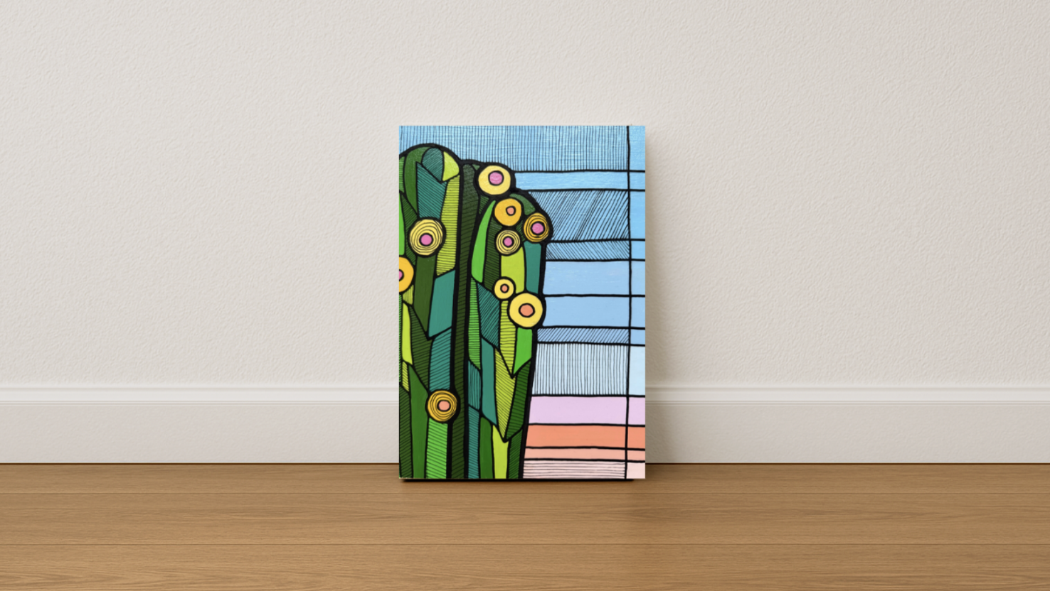 san pedro cactus in bloom original acrylic painting in a stained glass art style