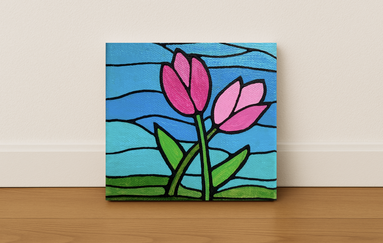 Tulips original acrylic painting in stained glass art style