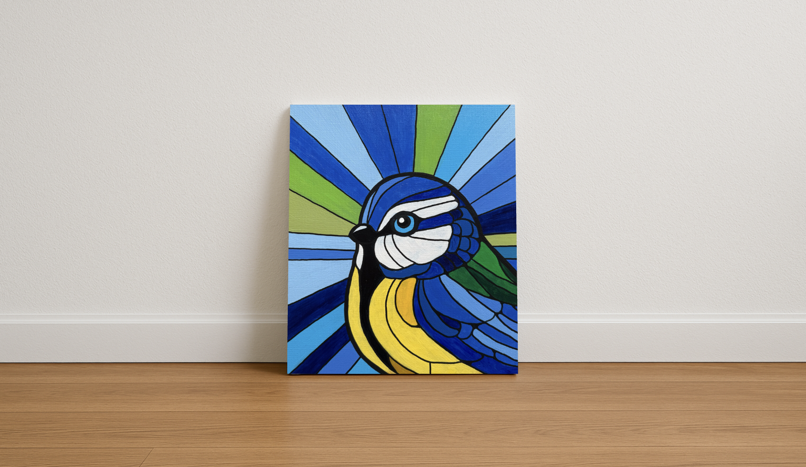 Blute Tit original acrylic painting in stained glass art style