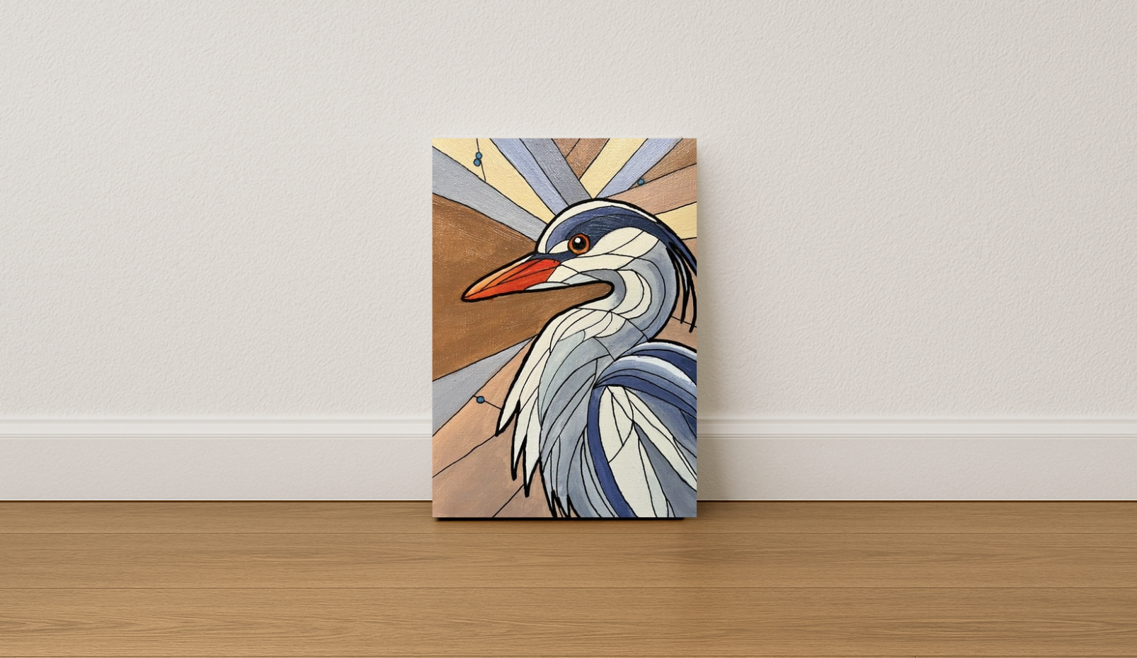grey heron original acrylic painting in stained glass art style