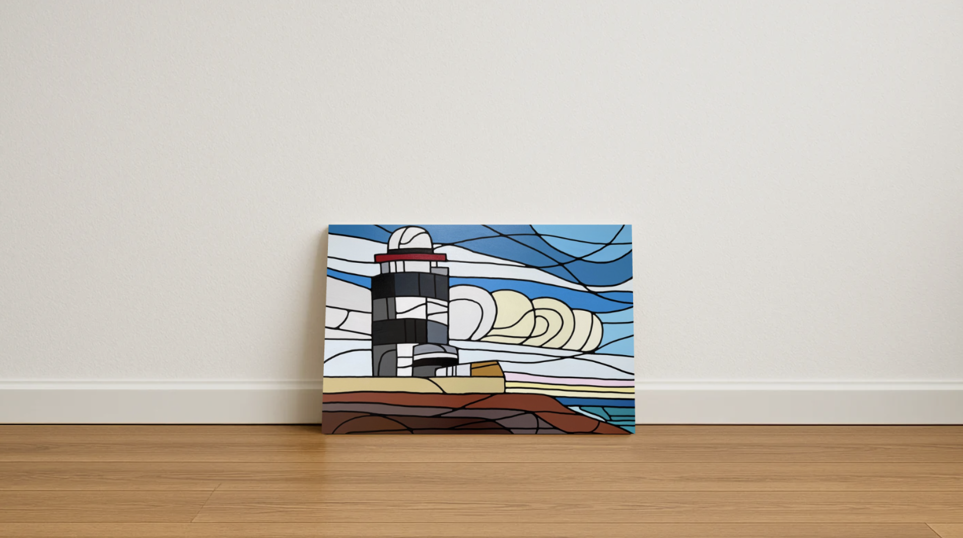 hook lighthouse original acrylic painting in a stained glass art style