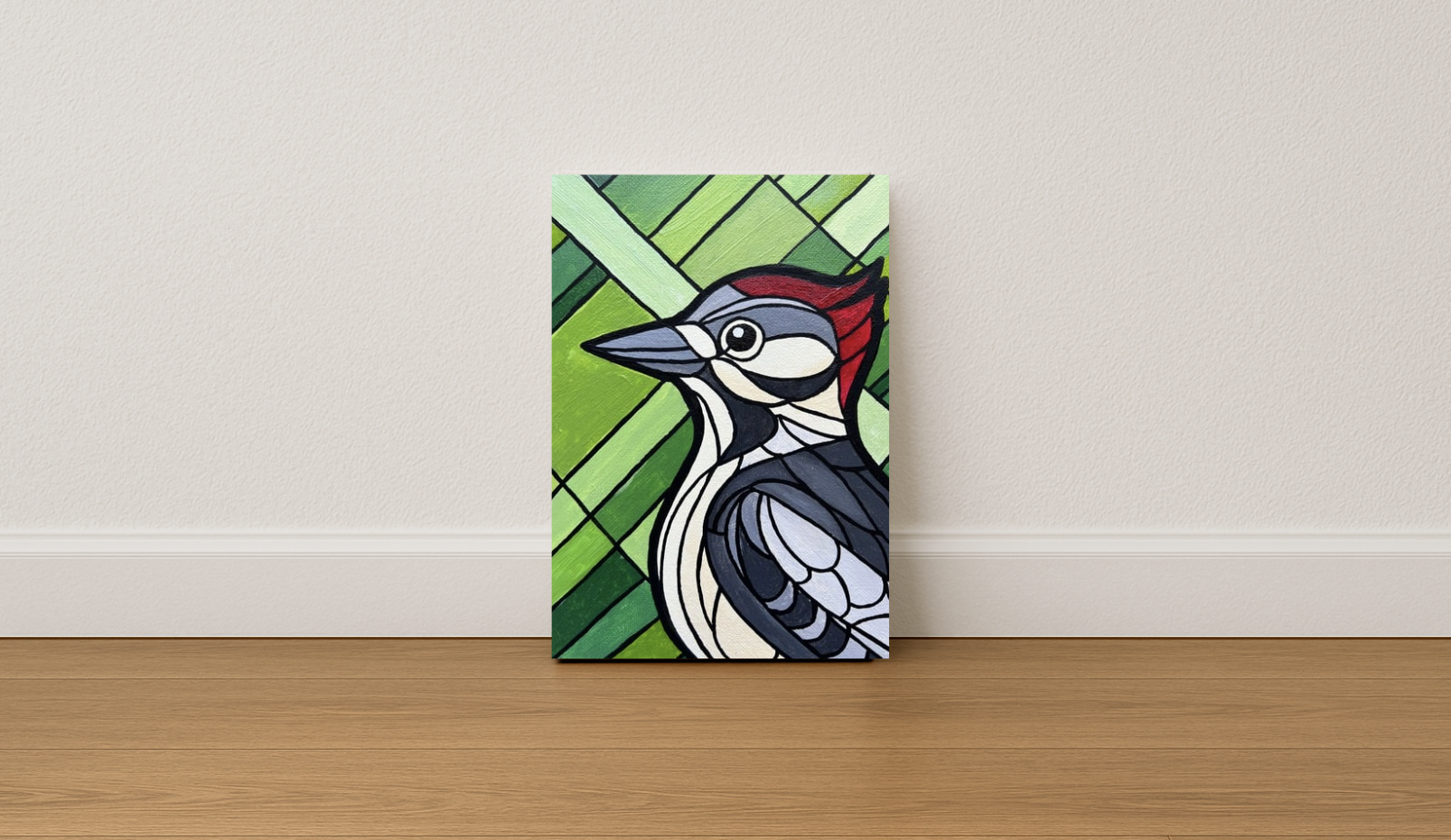 Woodpecker original acrylic painting in stained glass art style