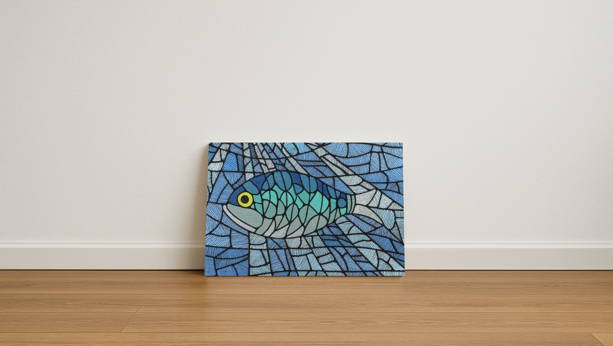 fish in the sea original acrylic painting in a stained glass art style