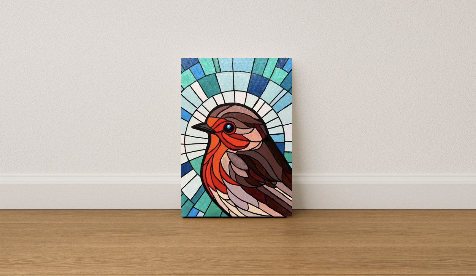 Robin original acrylic painting in stained glass art style