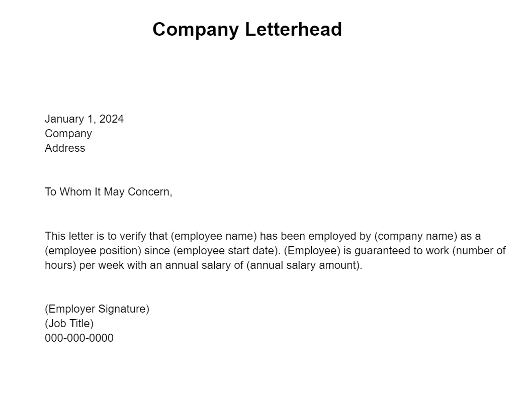 Canada job letter or letter of employment to confirm income