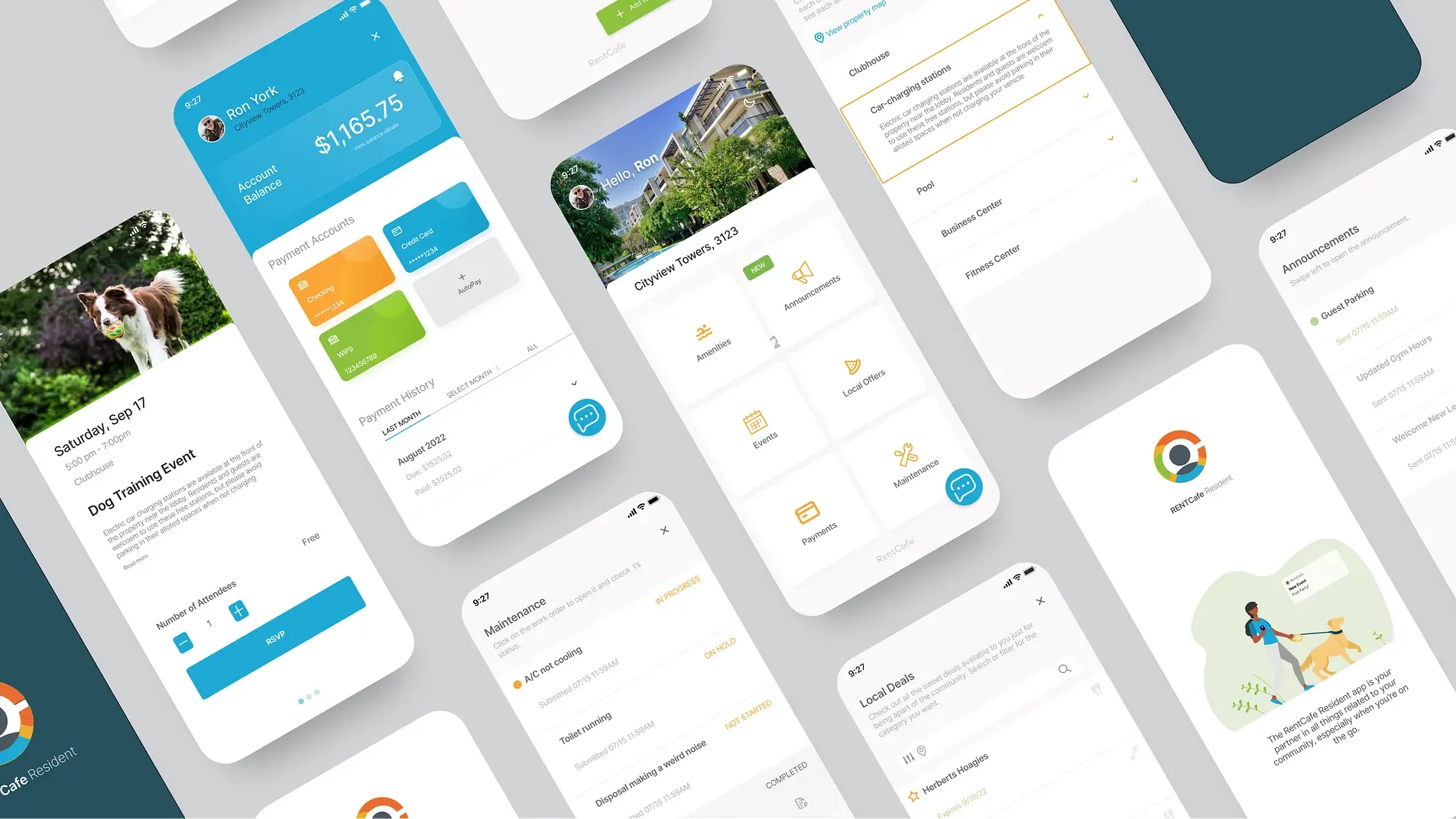 RentCafe Resident app redesign showcasing a modern mobile experience across payments, maintenance, events, announcements, and community living features.