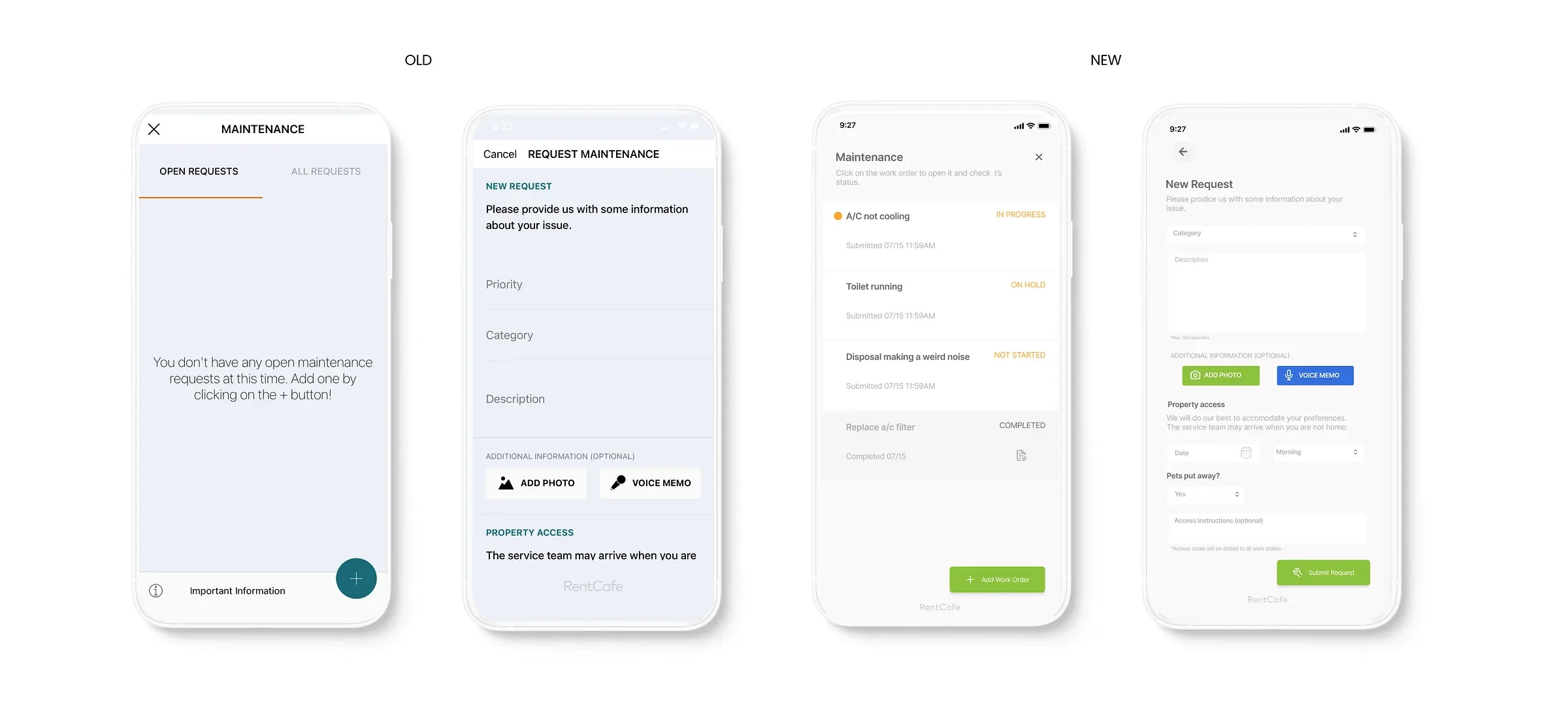 RentCafe Resident app maintenance redesign streamlining service requests, work order tracking, and resident communication through a cleaner mobile workflow.