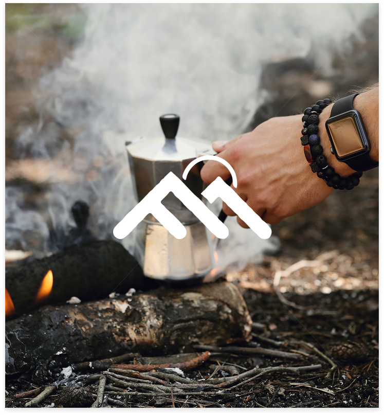 Far Horizon Coffee branding over a campfire coffee scene, featuring handcrafted coffee brewing in the outdoors.