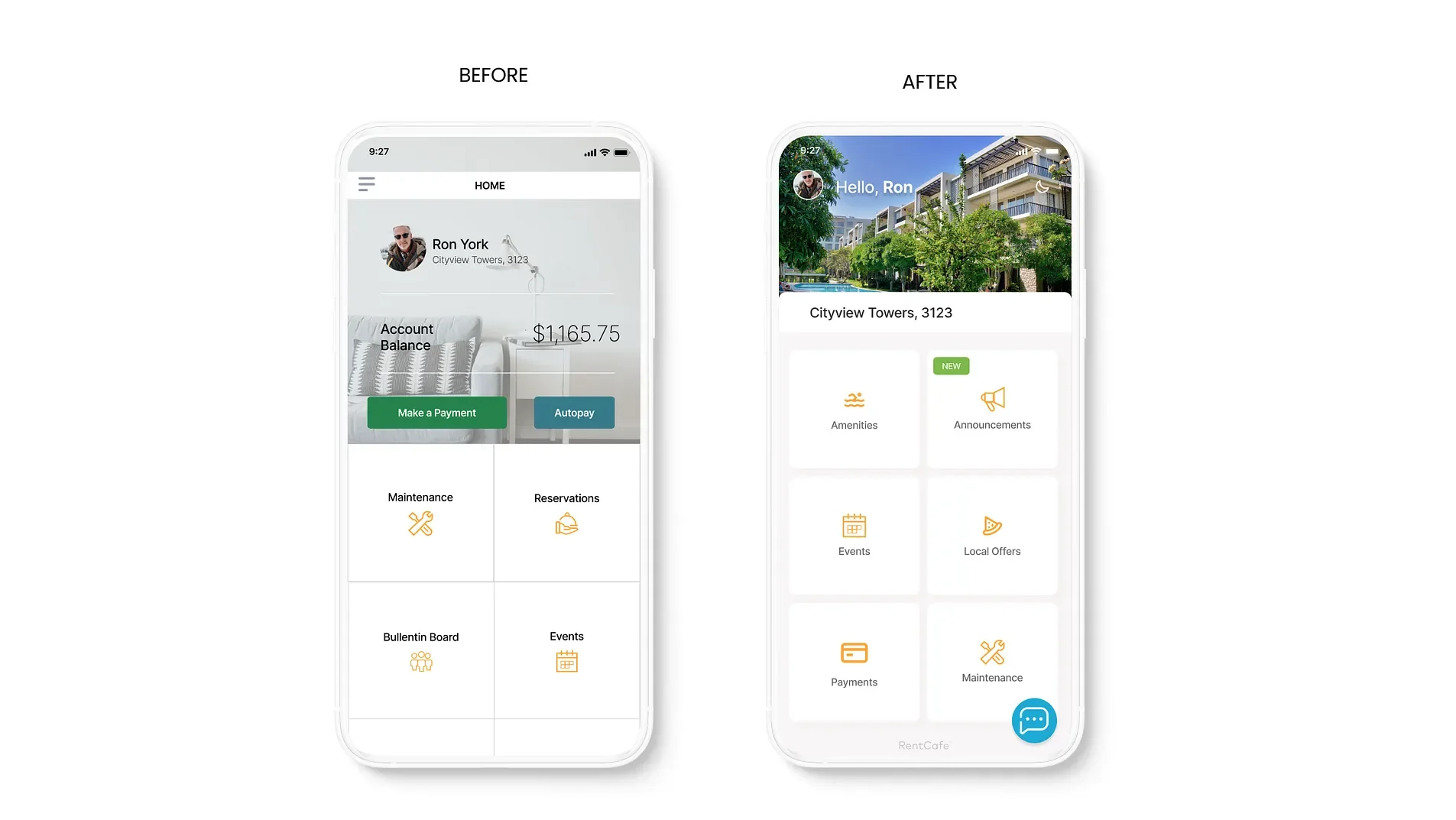 RentCafe Resident app before-and-after redesign showcasing a more modern, intuitive home screen built for everyday apartment living.