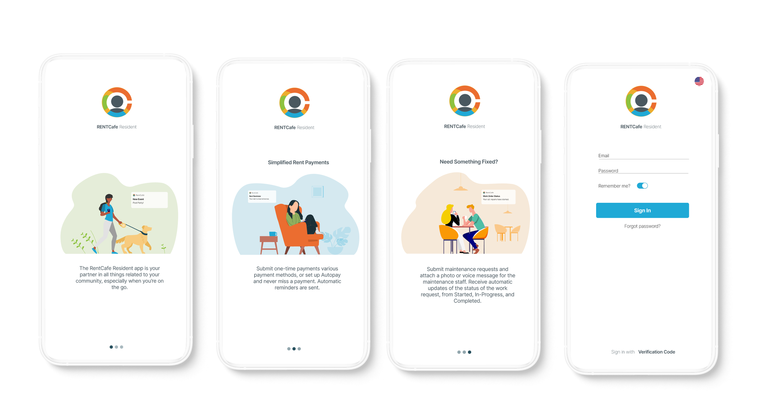 RentCafe Resident app onboarding redesign introducing residents to simplified payments, maintenance, and community features through a more human digital experience.