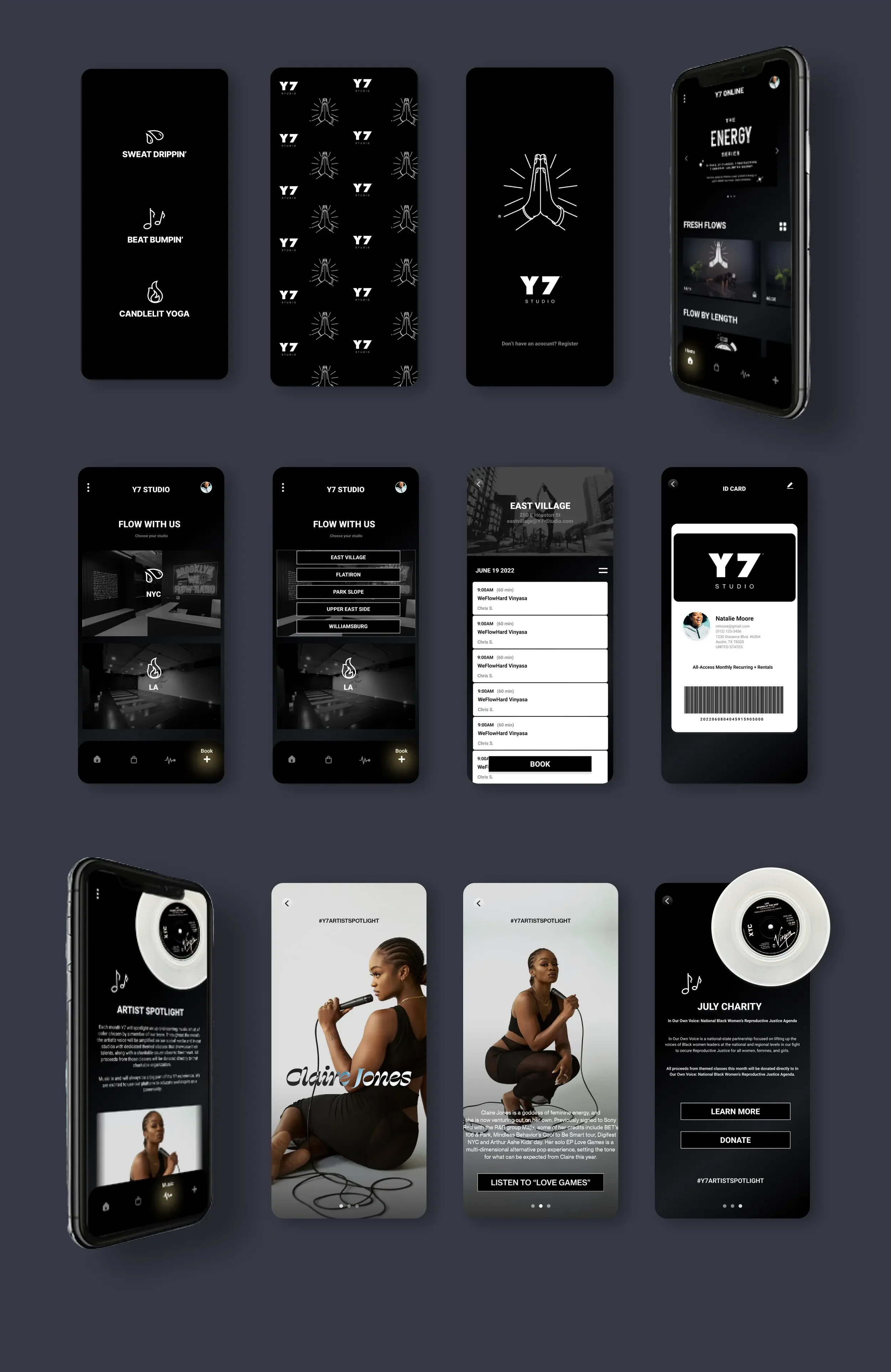Y7 Studio app redesign showcasing an immersive mobile experience inspired by candlelit yoga, hip-hop culture, artist spotlight features, class booking, and community-driven wellness.