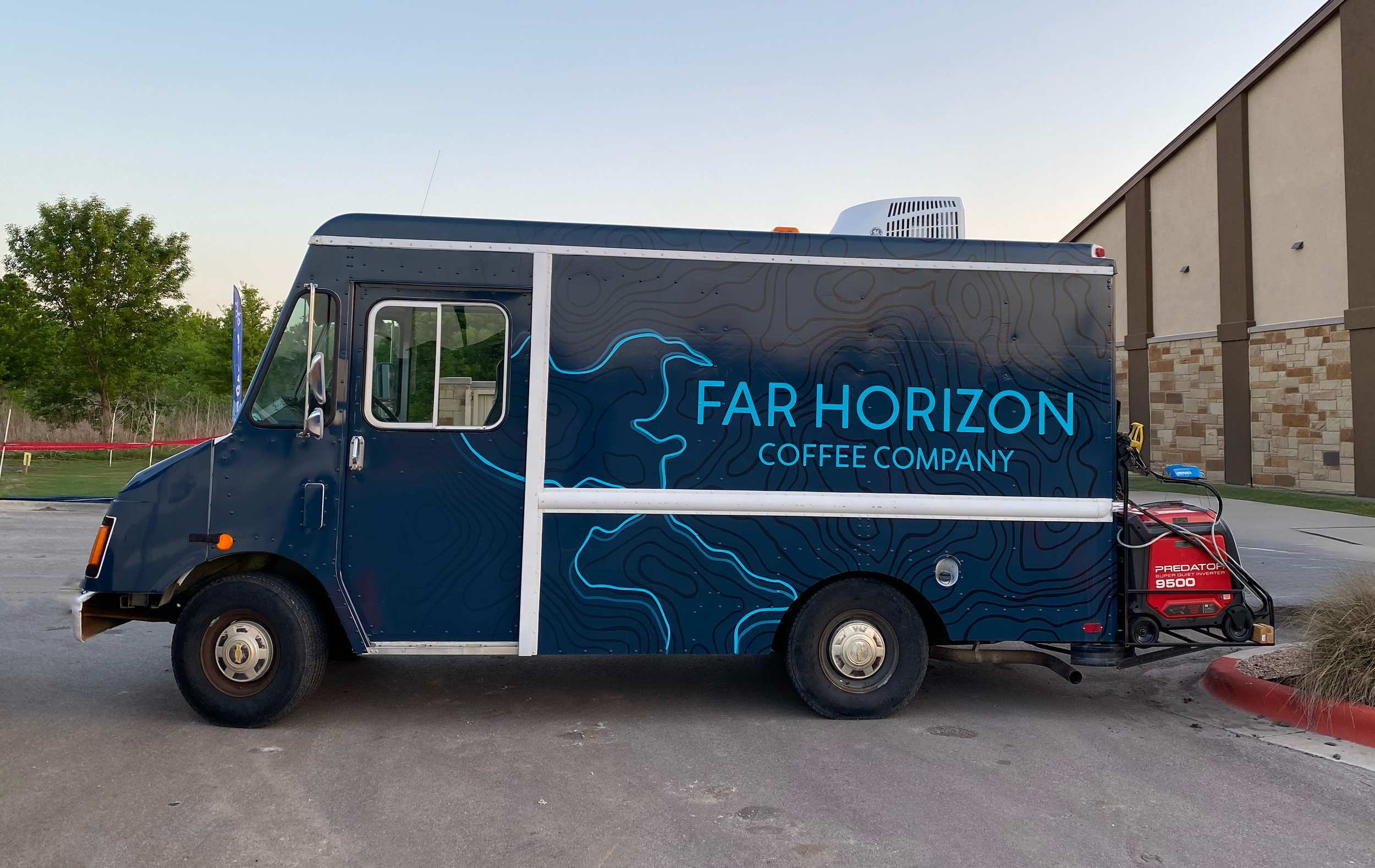 Far Horizon Coffee’s redesigned mobile coffee truck featuring bold environmental branding built for visibility, community events, and outdoor adventure.