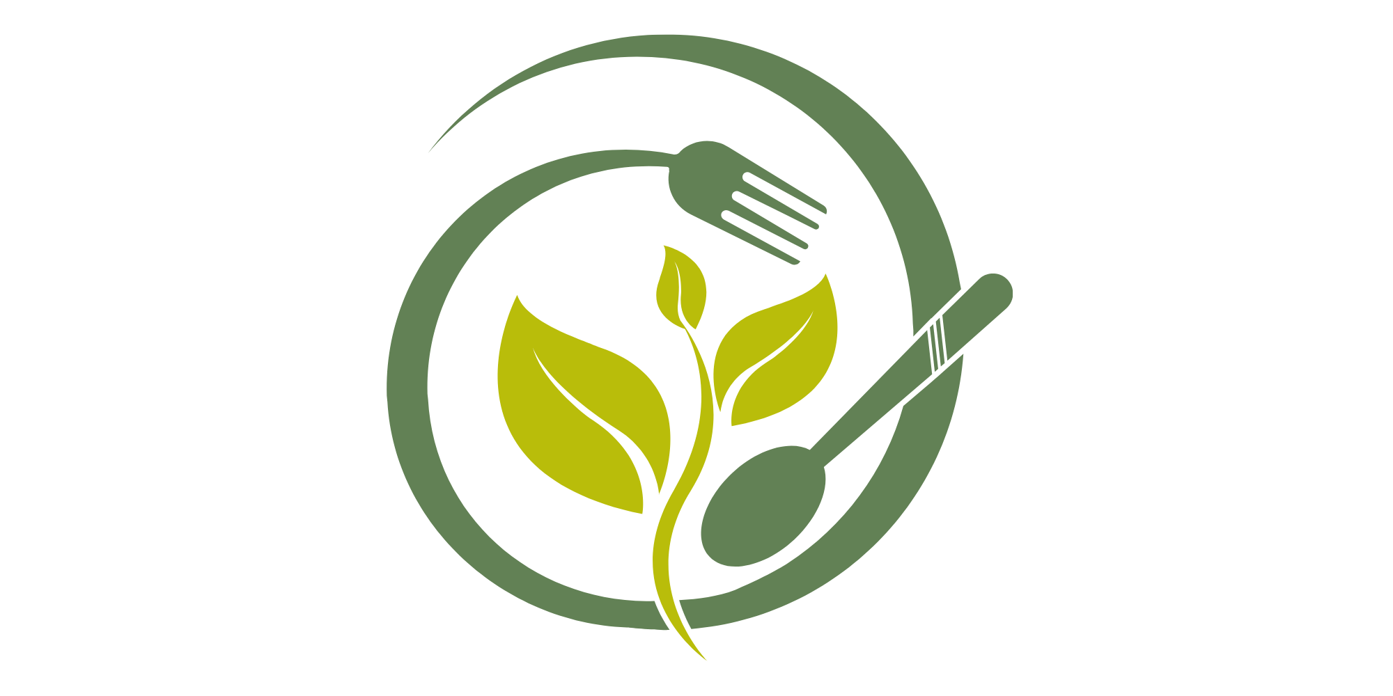 Simbolo di alimentazione sostenibile con piatto, forchetta, cucchiaio e una pianta verde