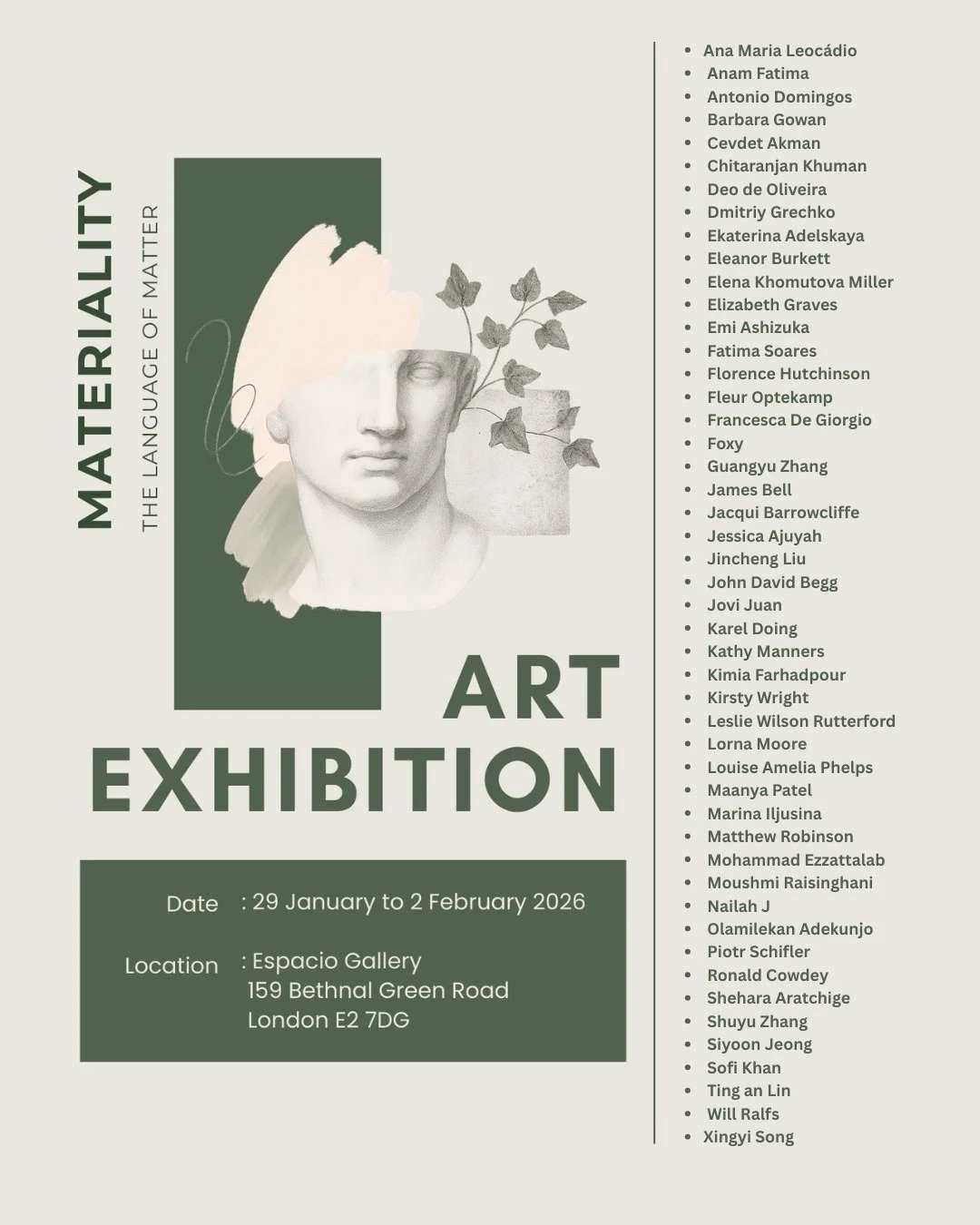 Exhibition continues this week

Private view: 29 Jan, 6-9pm
Exhibition: 30 Jan - 02 Feb, 1-7pm

Espacio Gallery
159 Bethnal Green Road
London
E2 7DG

www.espaciogallery.com
@espaciogallery

#espaciogallery #exhibition #artcollectors