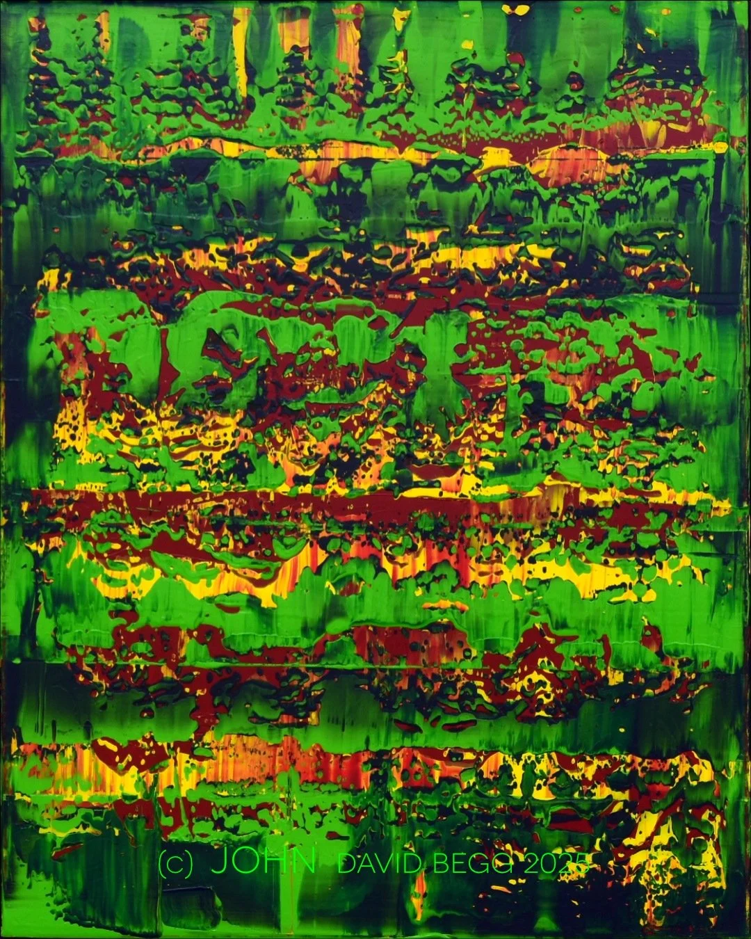 Reforestation
11 &times; 61cms / 20 &times; 24&rdquo;
Acrylic on canvas
2025

Much of my work focusses on environmental degradation. I wanted to be positive here and thought about replanting, regrowth, and life returning to the forests instead of the