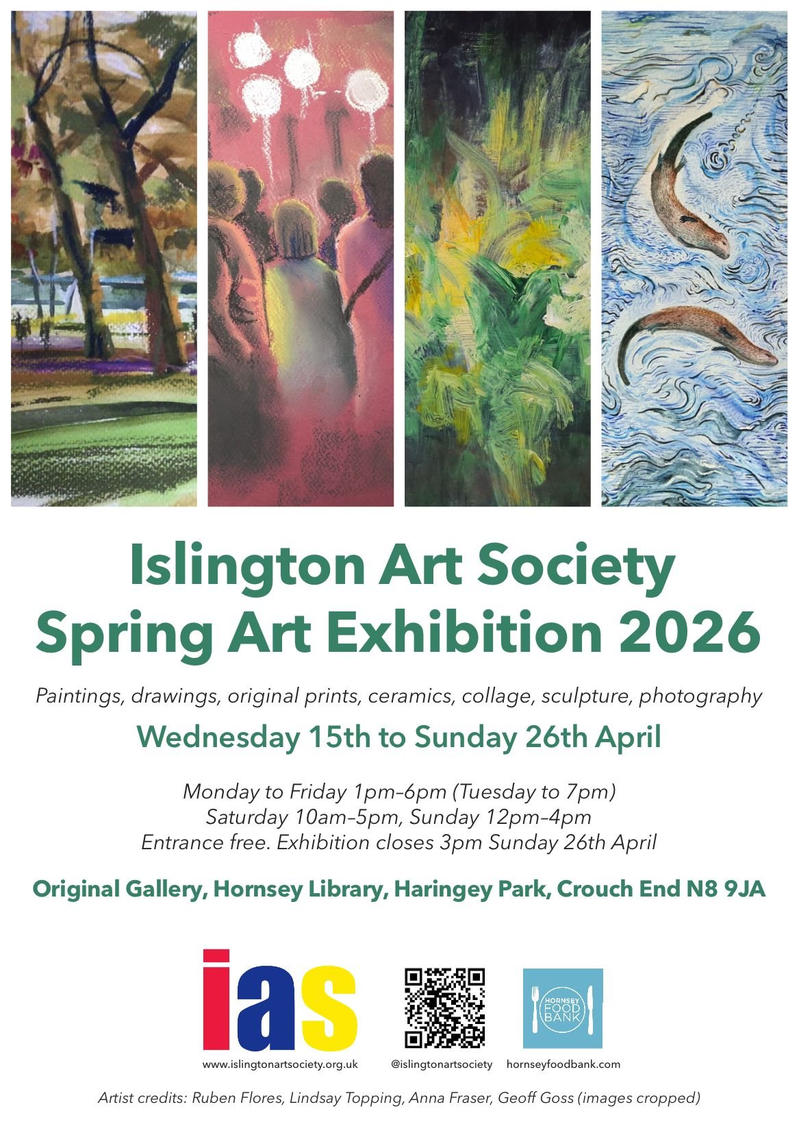 Poster for Islington Art Society Spring Art Exhibition 2026 featuring five different paintings including trees, abstract figures, foliage, and fish, with event details and artist credits.