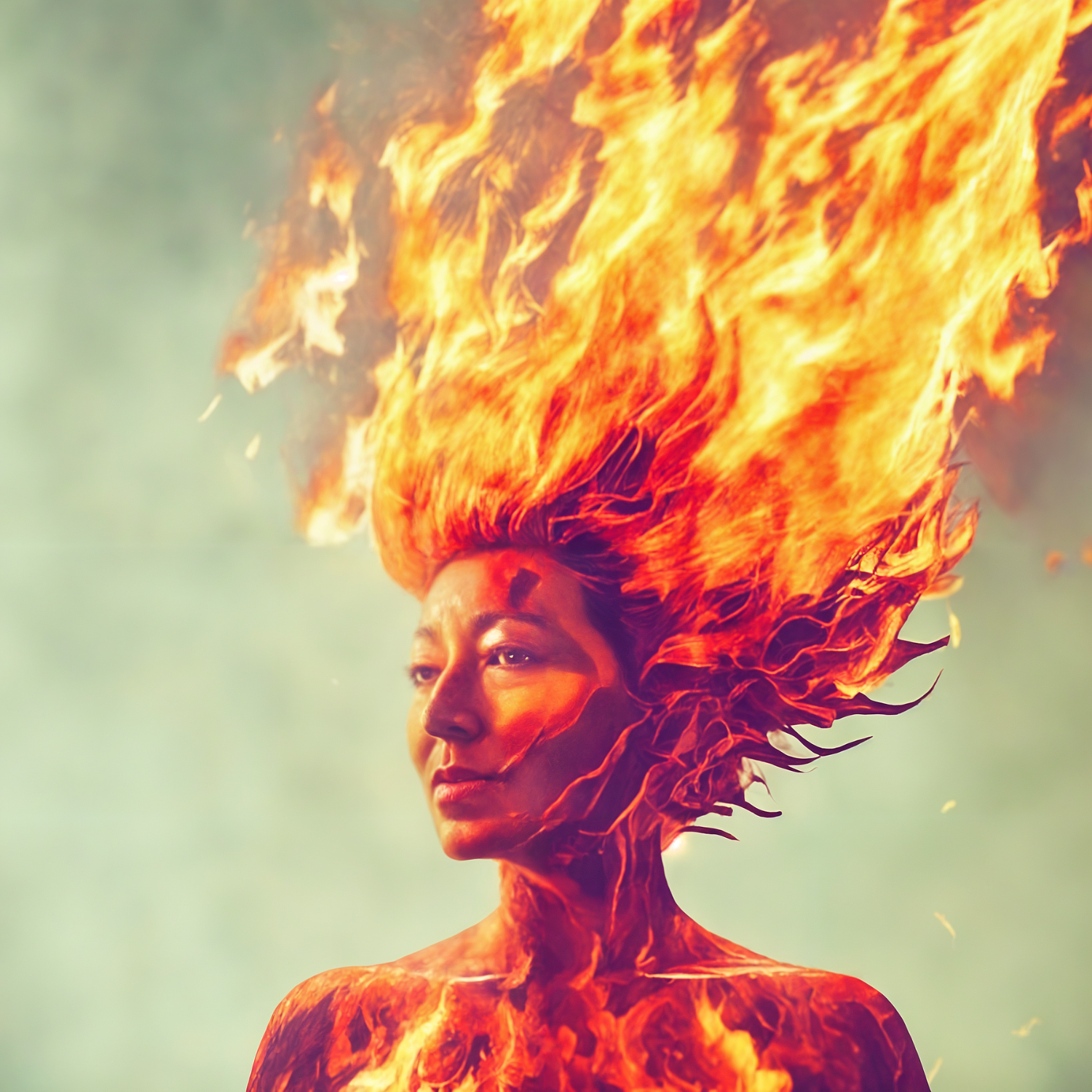 A woman with a calm expression has her head and upper body engulfed in flames, creating an illusion of fire emanating from her head and body.