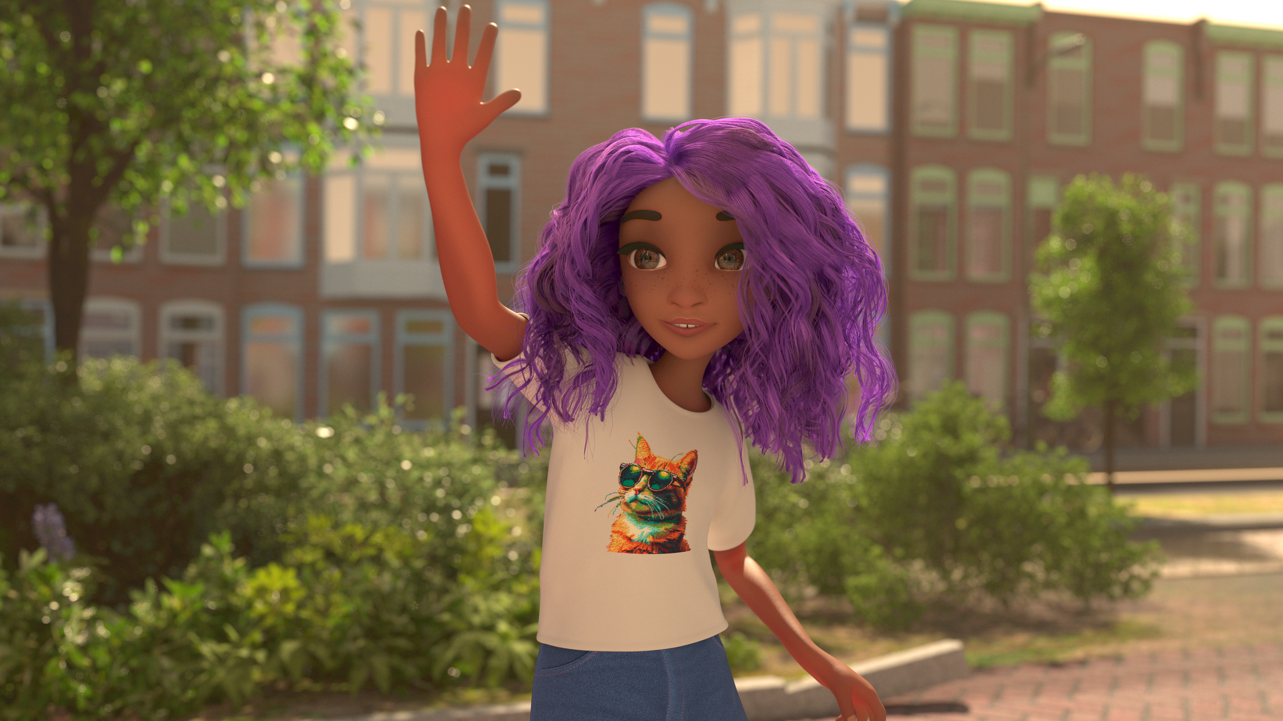 Animated girl with purple curly hair waving outdoors, wearing a white T-shirt with a colorful cat wearing sunglasses, and denim pants, in a park with greenery and buildings in the background.