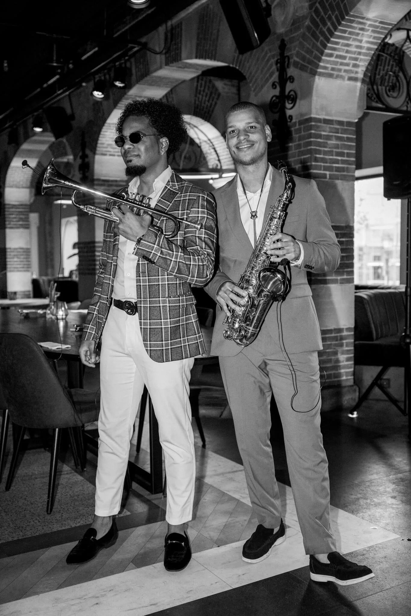 Trumpet and sax players performing together during a wedding in Hoorn, the Netherlands.