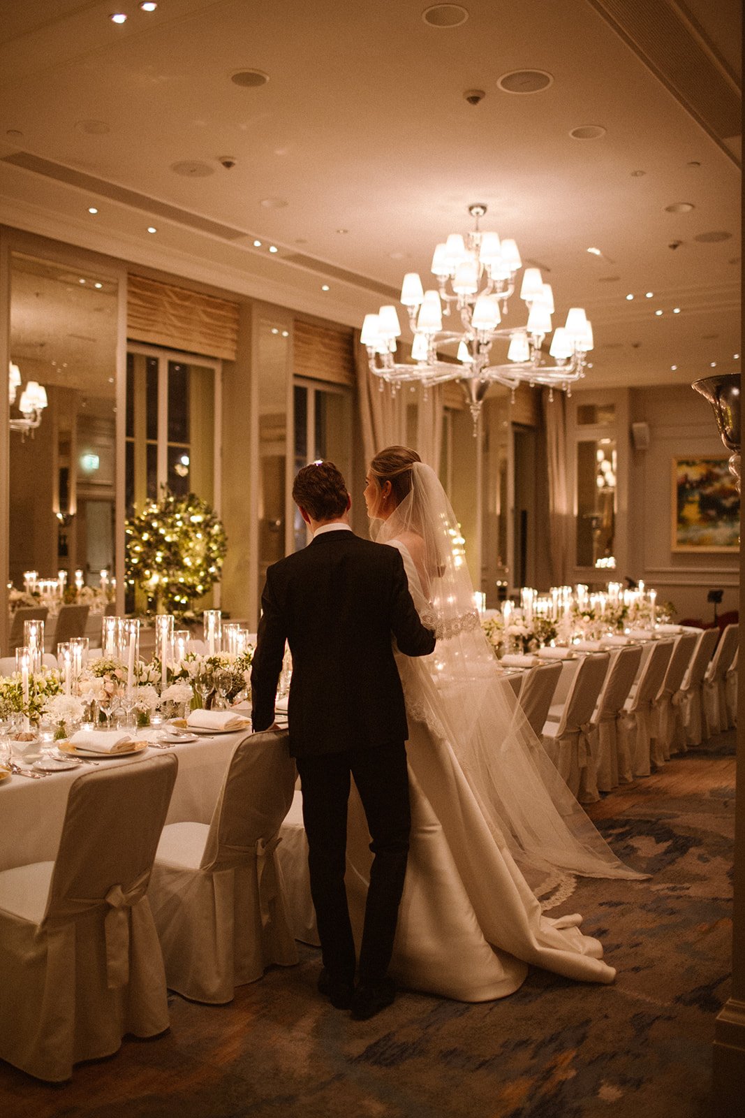 Elegant winter bride and groom at the Waldorf Astoria Amsterdam.